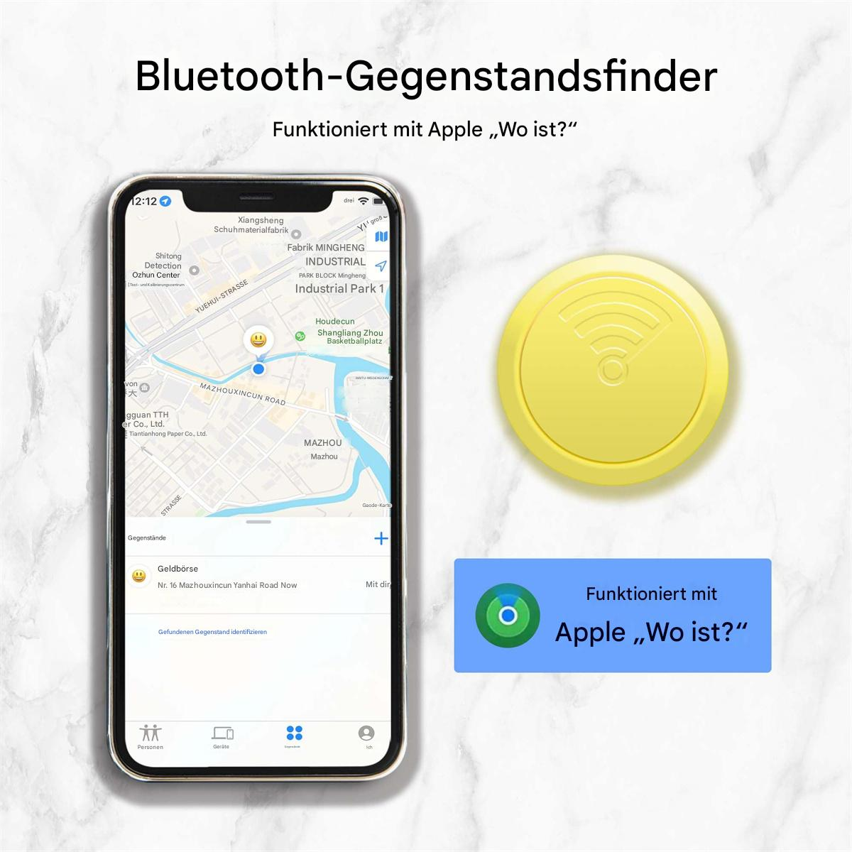 Ein Telefon zeigt eine Karte mit einem Standort. Eine gelbe Scheibe mit WLAN-Symbol und ein blaues Rechteck mit Text rechts.