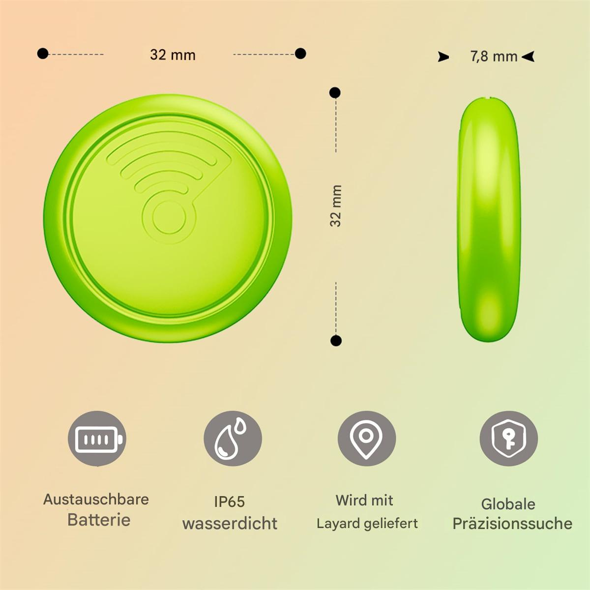 Ein limettengrünes, kreisförmiges Ortungsgerät mit Seitenansicht. Text umfasst Batterie, wasserdicht, Layard enthalten und globale Präzisionssuche.