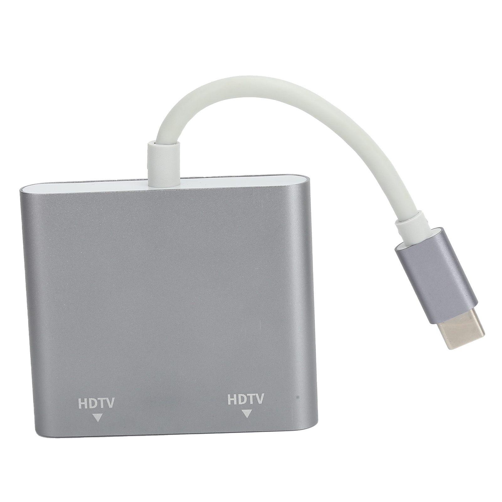 Ein silberner HDMI-Adapter mit weißem Kabel und USB-C-Anschluss. Auf der Vorderseite mit "HDTV" gekennzeichnet.