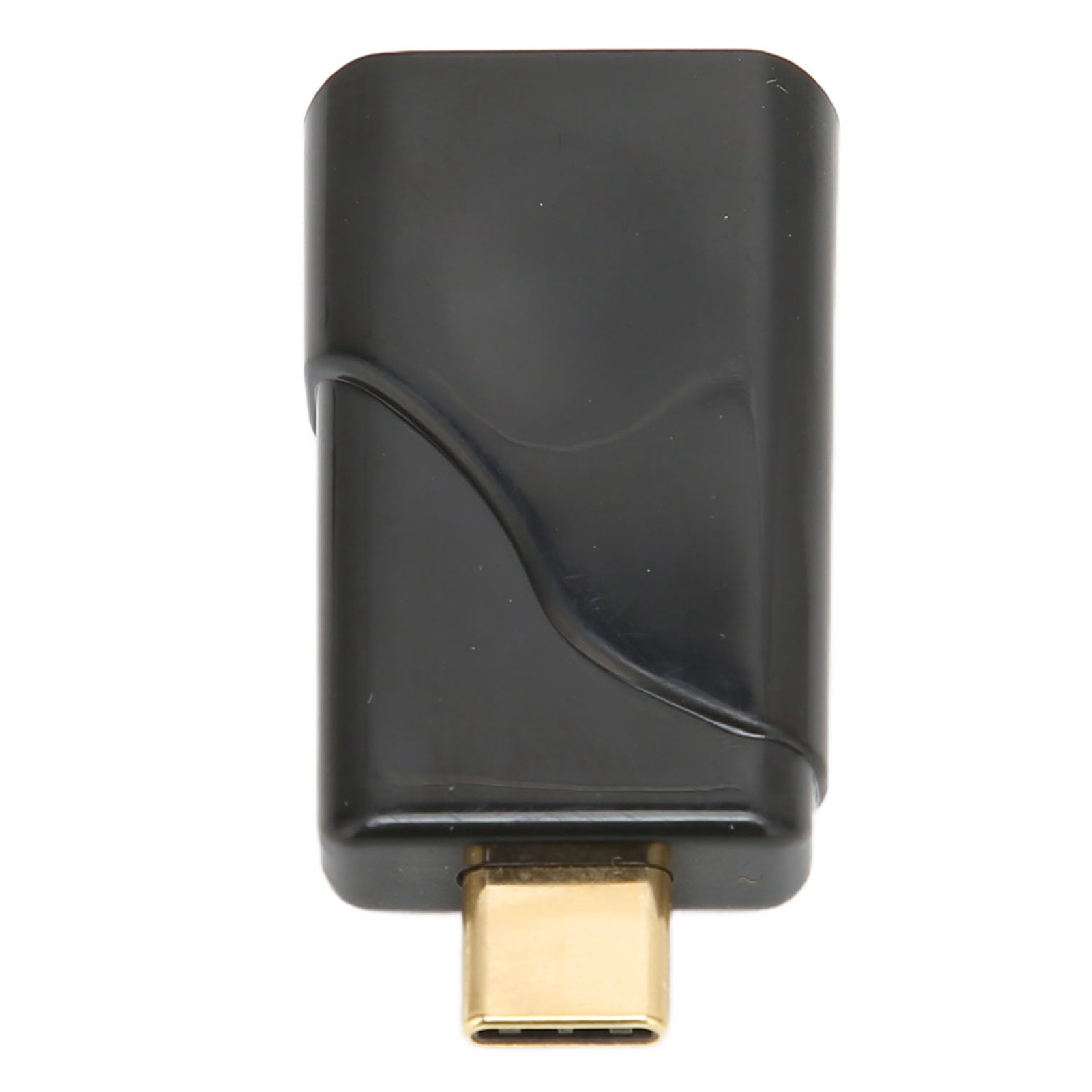 Ein schwarzer USB-C-Adapter mit einem goldfarbenen Stecker. Der Adapter hat ein glattes, geschwungenes Design.