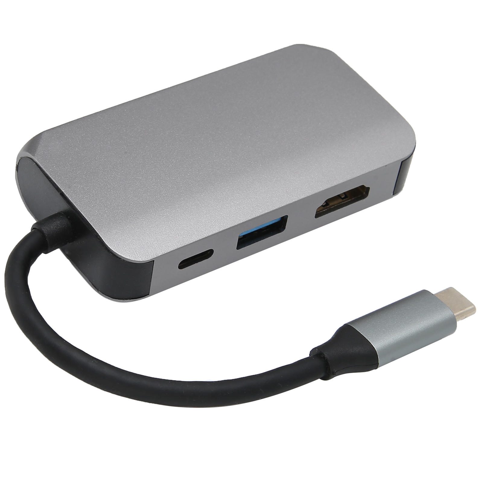 Ein silberner USB-C-Hub mit mehreren Anschlüssen, verbunden mit einem schwarzen Kabel und einem silbernen USB-C-Anschluss.