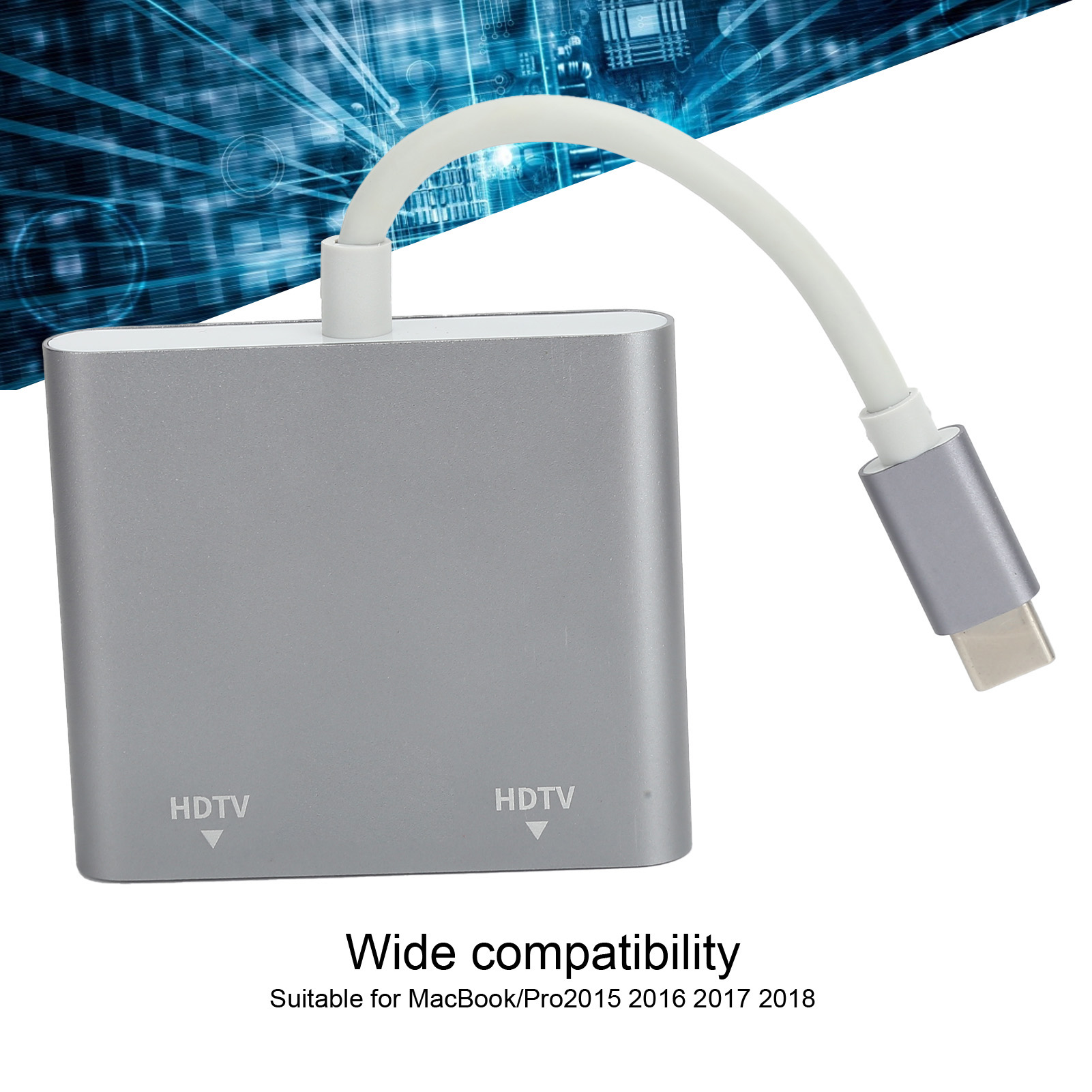 Silberner Adapter mit weißem Kabel und USB-C-Anschluss. Der Adapter hat zwei HDTV-Markierungen. Blauer digitaler Hintergrund.