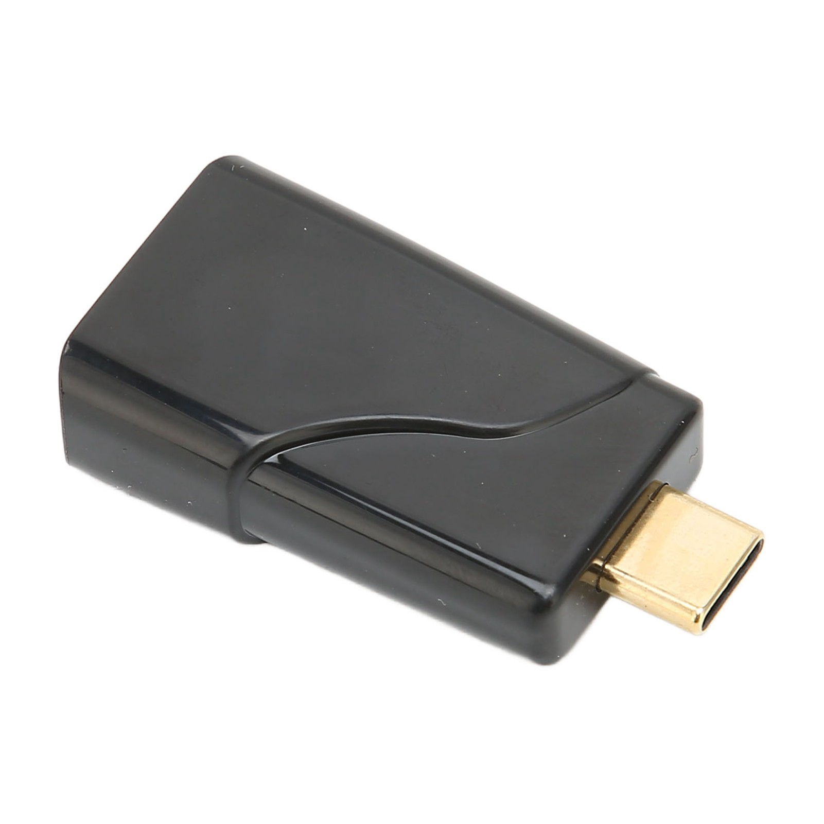 Ein schwarzer USB-C-Adapter. Er hat eine rechteckige Form mit einem goldfarbenen USB-C-Anschluss.
