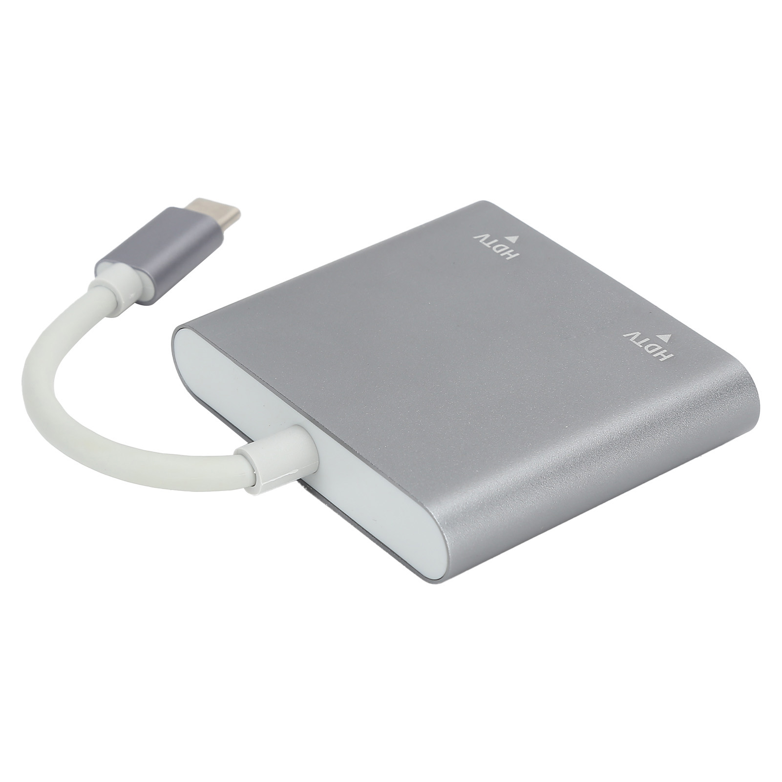 Ein silberner HDMI-Adapter mit weißem Kabel und USB-C-Anschluss auf weißem Hintergrund. Der Adapter hat HDMI-Etiketten.