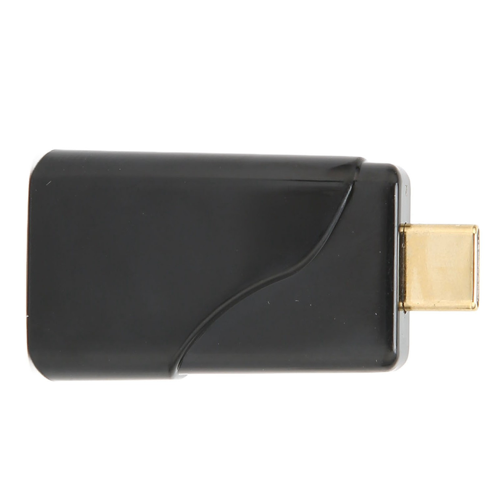 Schwarzer HDMI-Adapter auf weißem Hintergrund. Er hat einen goldfarbenen Stecker. Der Adapter hat eine rechteckige Form.