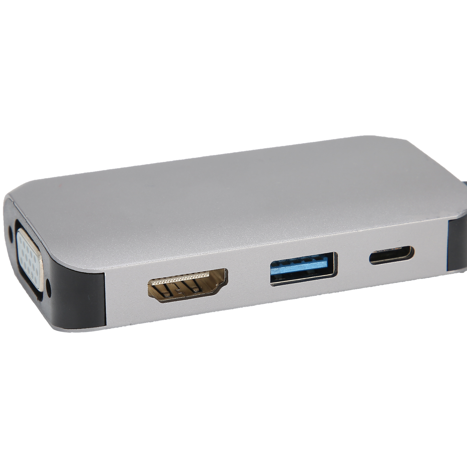 Silberner USB-Hub mit mehreren Anschlüssen, einschließlich HDMI, USB und USB-C, auf weißem Hintergrund. Ein VGA-Anschluss ist ebenfalls sichtbar.