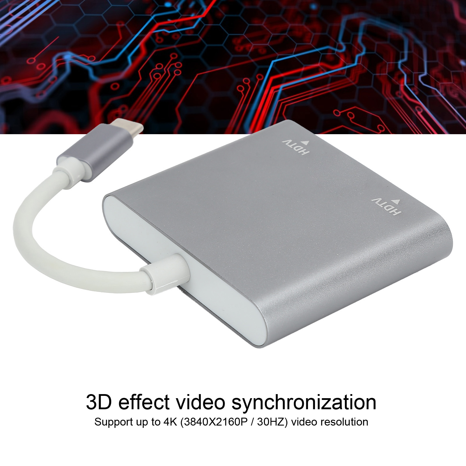 Silberner Adapter mit weißem Kabel, an ein Gerät angeschlossen. Hintergrund mit Tech-Design aus roten und blauen Linien.