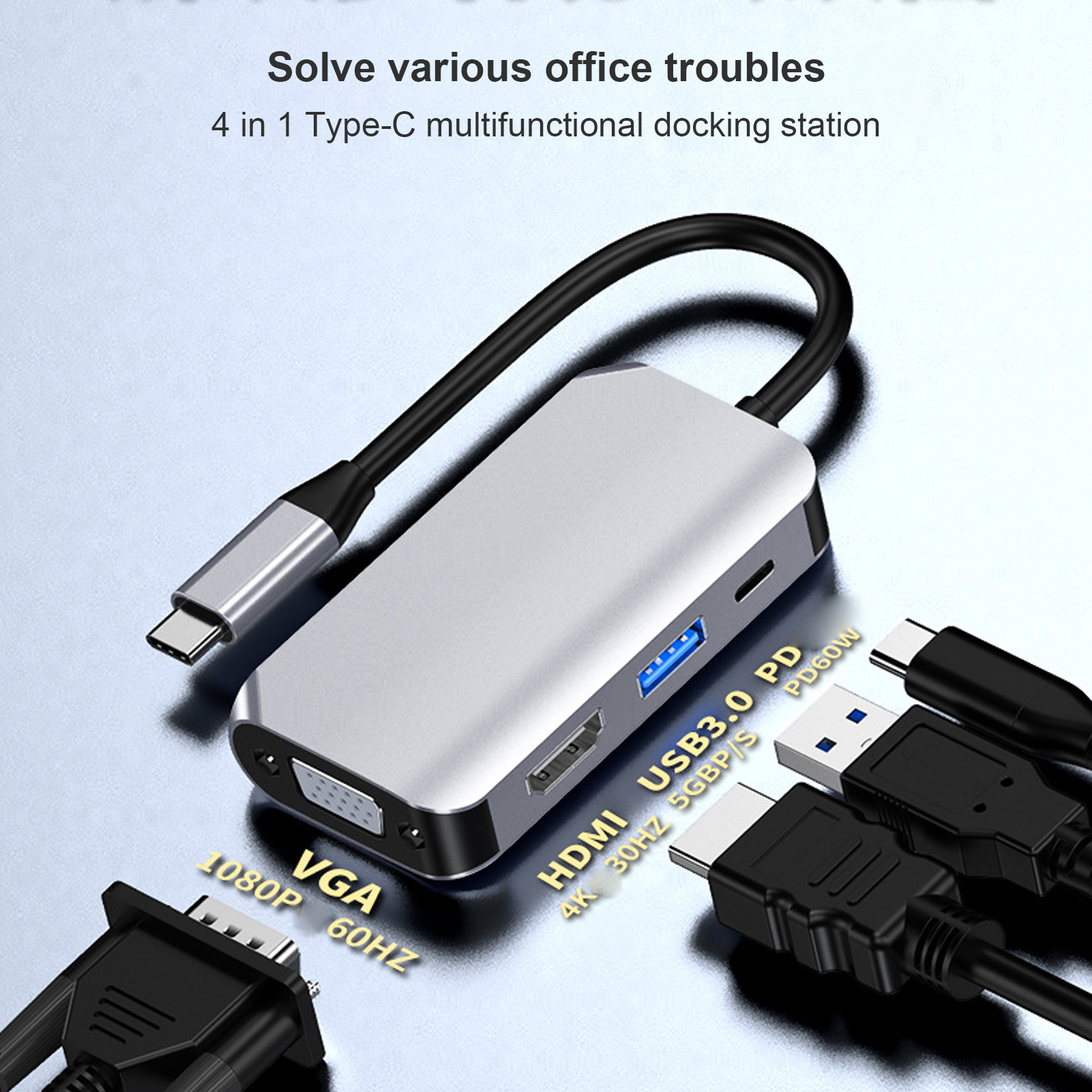 Silberne Dockingstation mit verschiedenen Anschlüssen und Kabeln. Enthält HDMI, USB, VGA und Typ-C. Löst Büroprobleme.