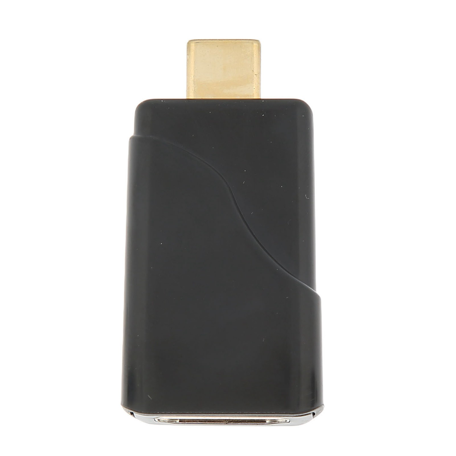 Ein schwarzer HDMI-Adapter mit einem goldfarbenen Stecker. Der Adapter hat eine rechteckige Form mit einem geschwungenen Design an der Seite.