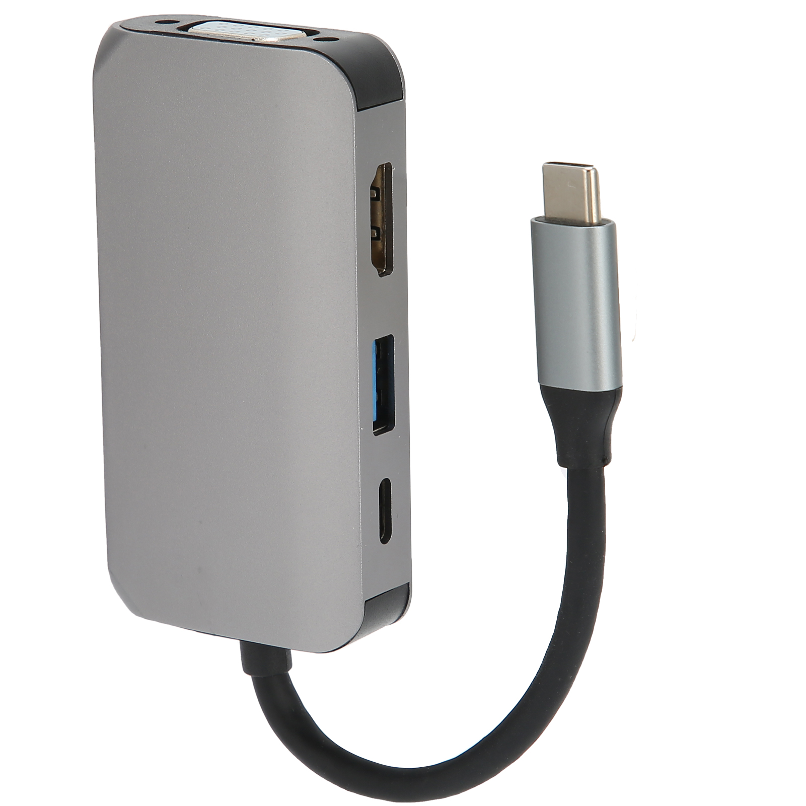Ein grauer USB-C-Hub mit mehreren Anschlüssen, einschließlich HDMI und USB. Er hat ein schwarzes Kabel und einen USB-C-Anschluss.