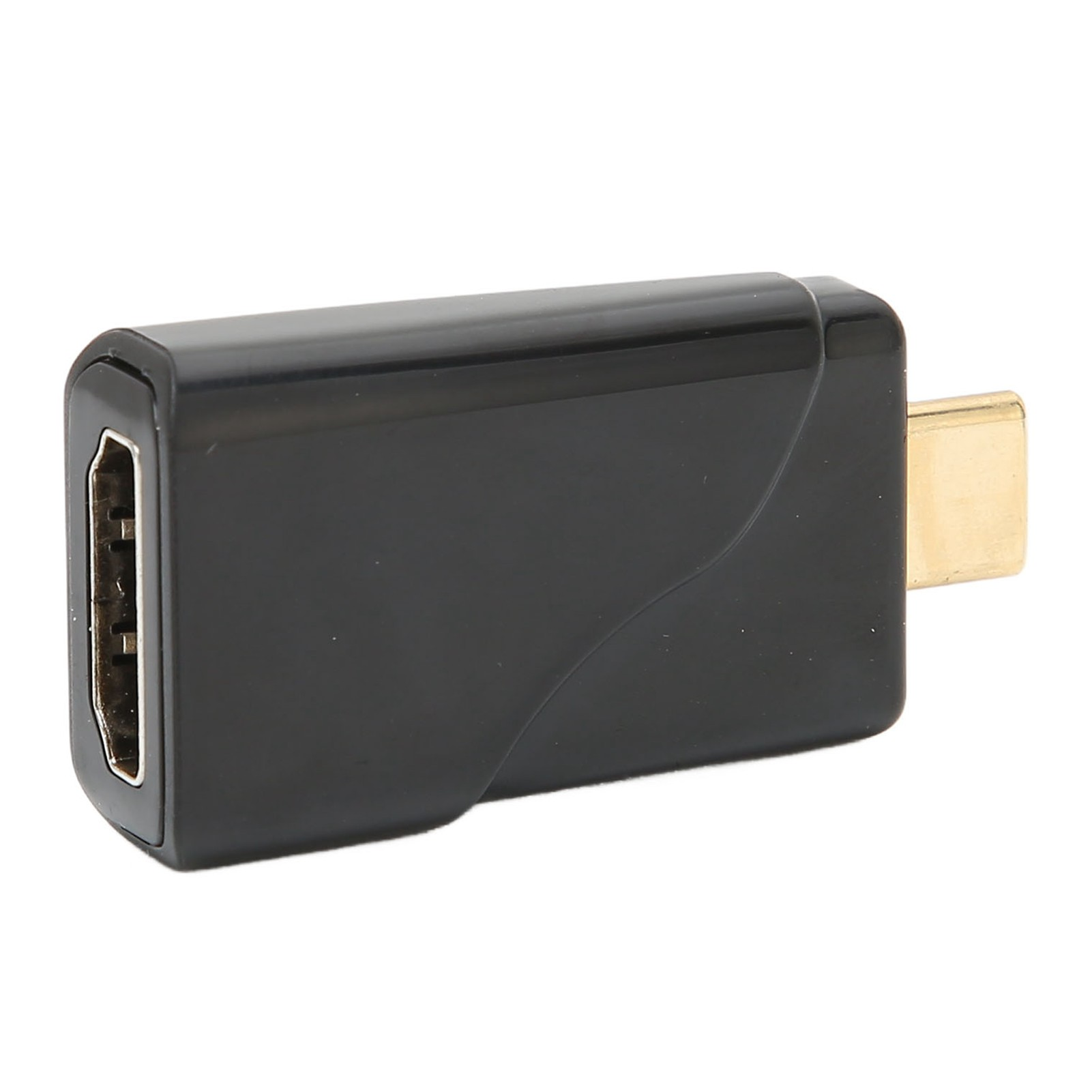 Ein schwarzer HDMI-Adapter mit einem goldfarbenen Stecker auf weißem Hintergrund. Der Adapter ist rechteckig.