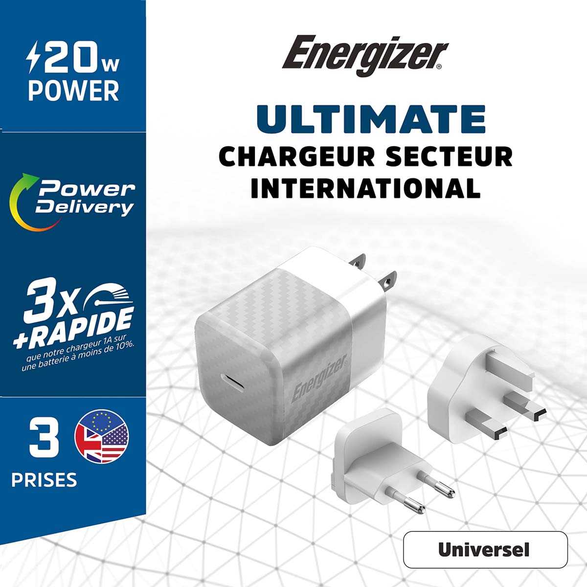 Ein Energizer-Ladegerät mit mehreren Adaptersteckern. Das Ladegerät ist weiß und grau und enthält Text, der 420 W Leistung und internationale Nutzung angibt.