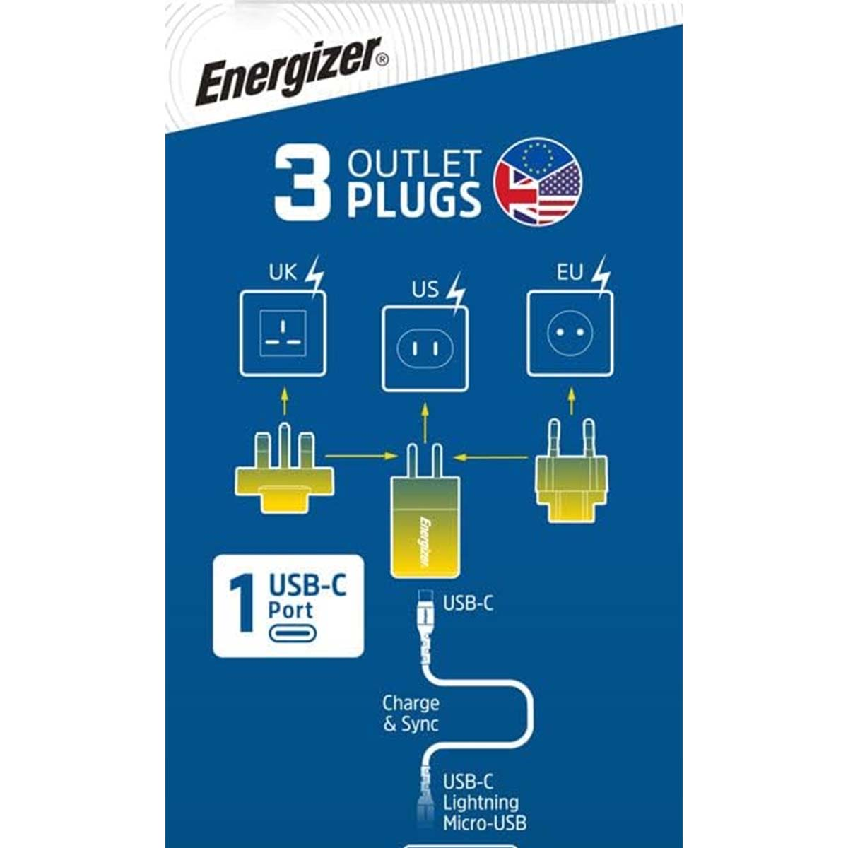 Adattatore da viaggio Energizer con 3 prese per Regno Unito, Stati Uniti ed UE. Include una porta USB-C e un cavo USB-C a Lightning Micro-USB.