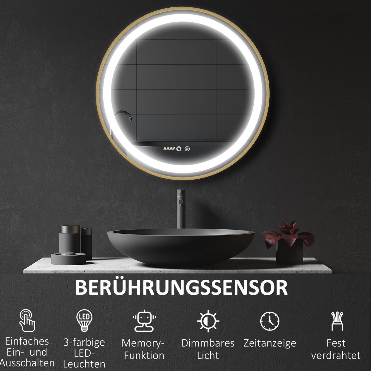 Ein runder, beleuchteter Spiegel hängt über einem dunklen Waschbecken. Merkmale sind Berührungssensor, dimmbares Licht und Zeitanzeige. Symbole für Funktionen werden angezeigt.