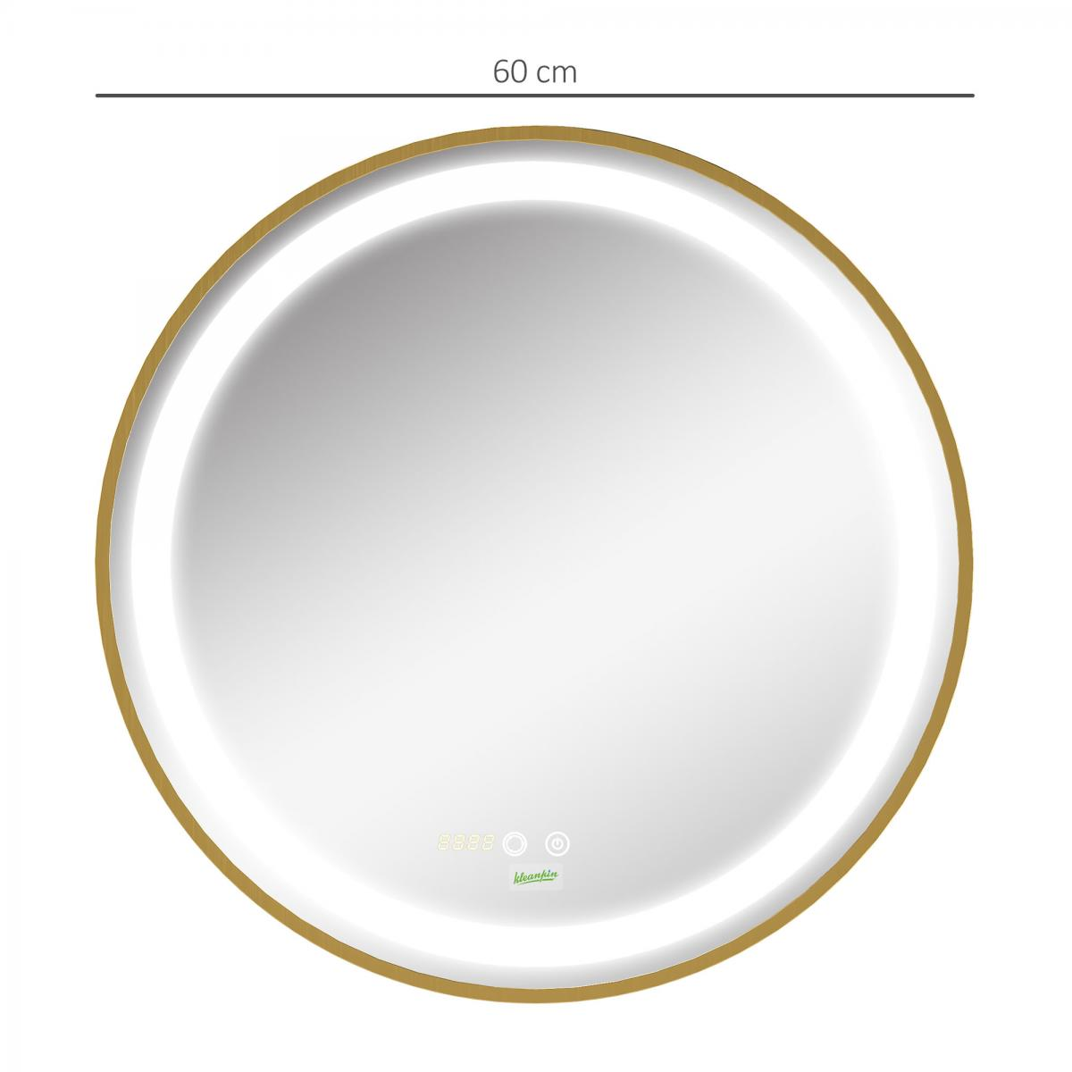 Ein runder Spiegel mit goldenem Rahmen und LED-Beleuchtung. Er hat eine Digitaluhr und Touch-Bedienelemente. Der Spiegel hat 60 cm Durchmesser.