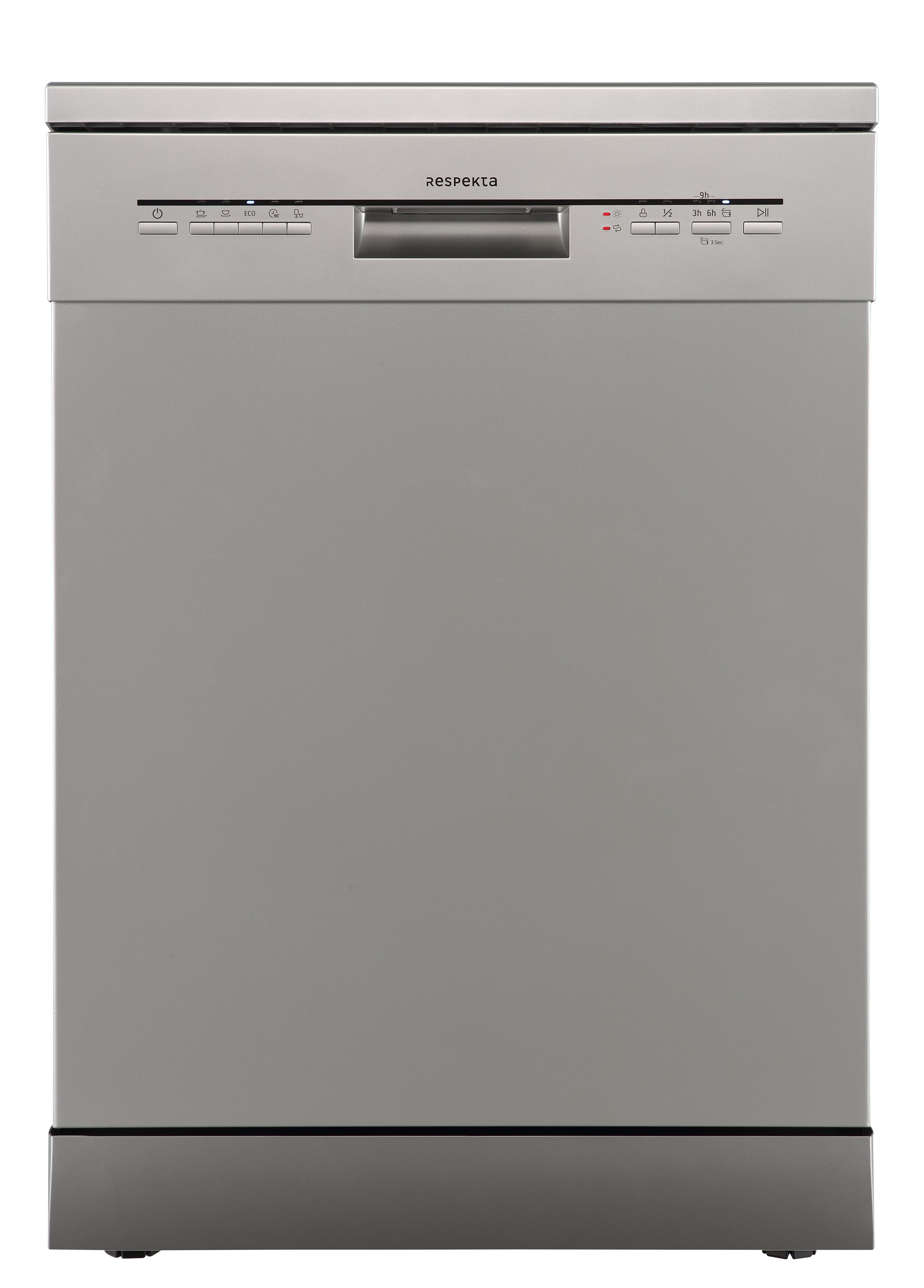 A silver Respekta dishwasher. It has control buttons and a handle. The door is closed. White background.