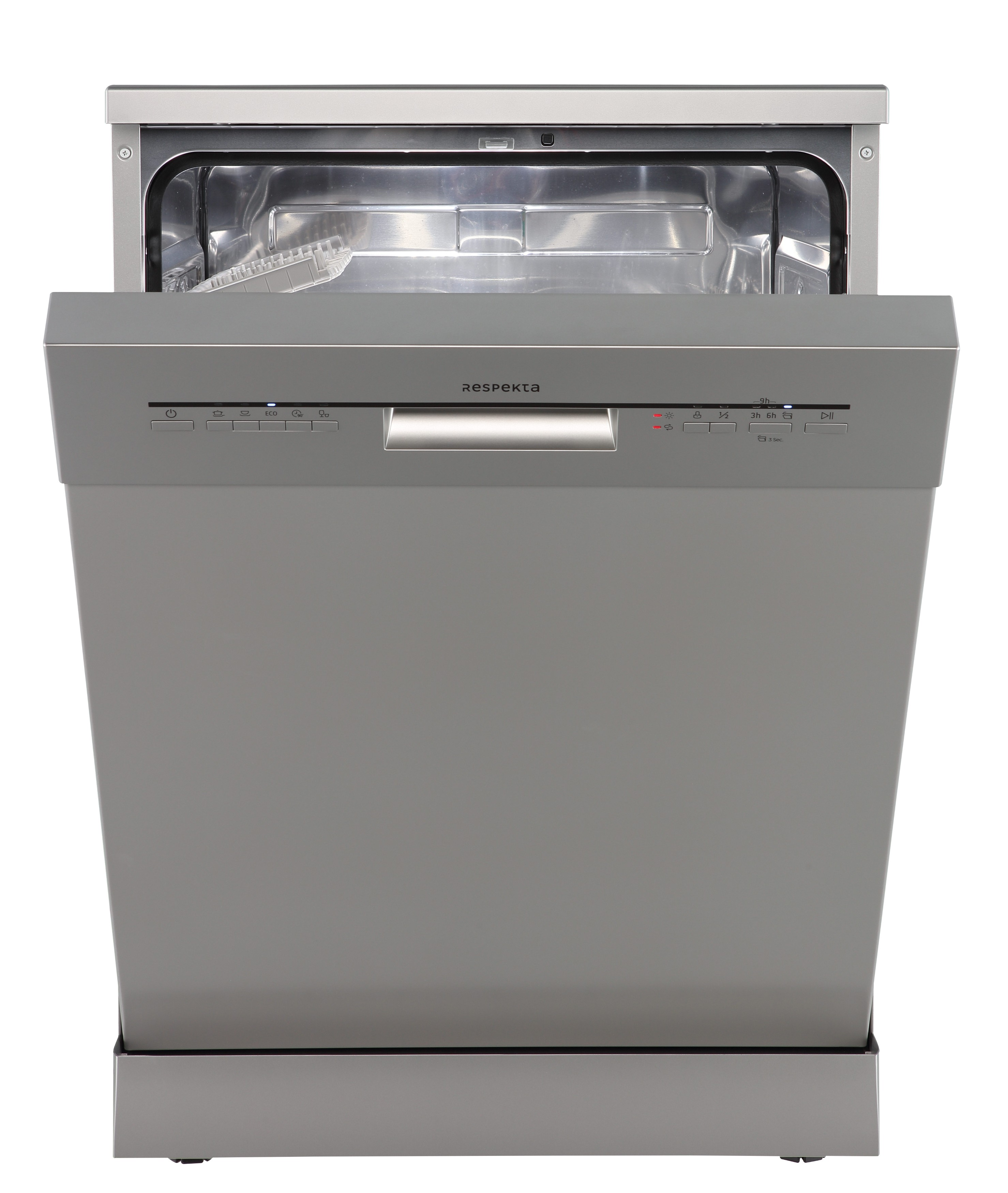 A silver dishwasher is open. The door is down, showing the inside. Control buttons and the brand name are visible.