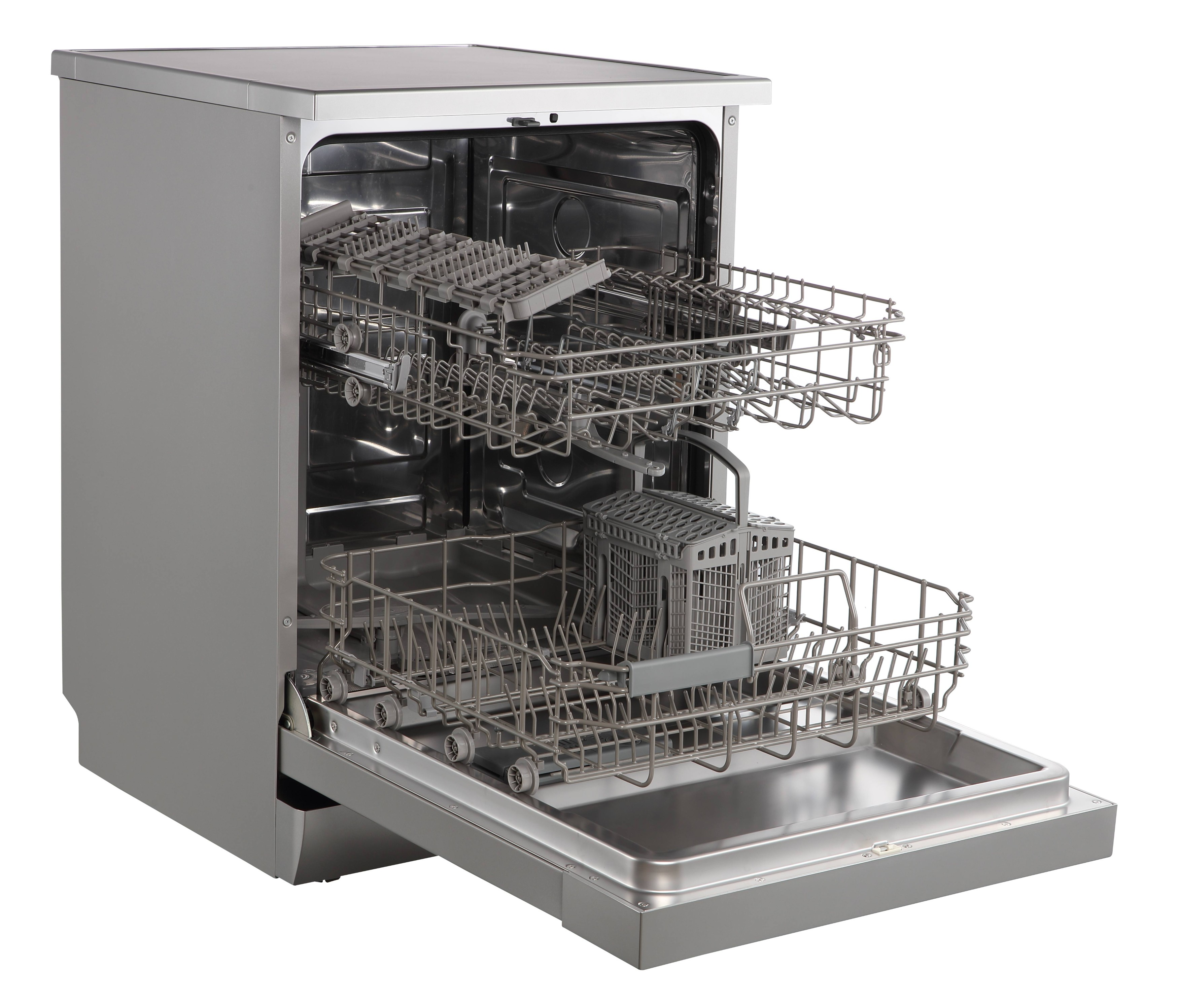 A stainless steel dishwasher is open, showing the racks and interior. The door is ajar.