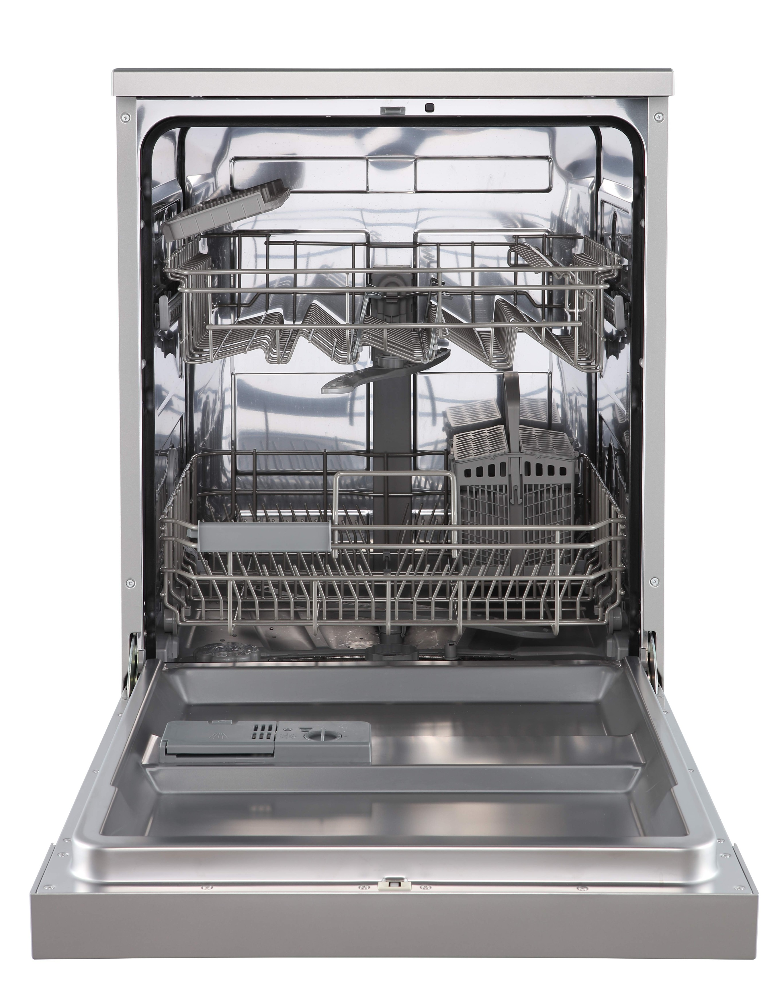 An open stainless steel dishwasher. The door is open, revealing racks for dishes, silverware, and a detergent dispenser.