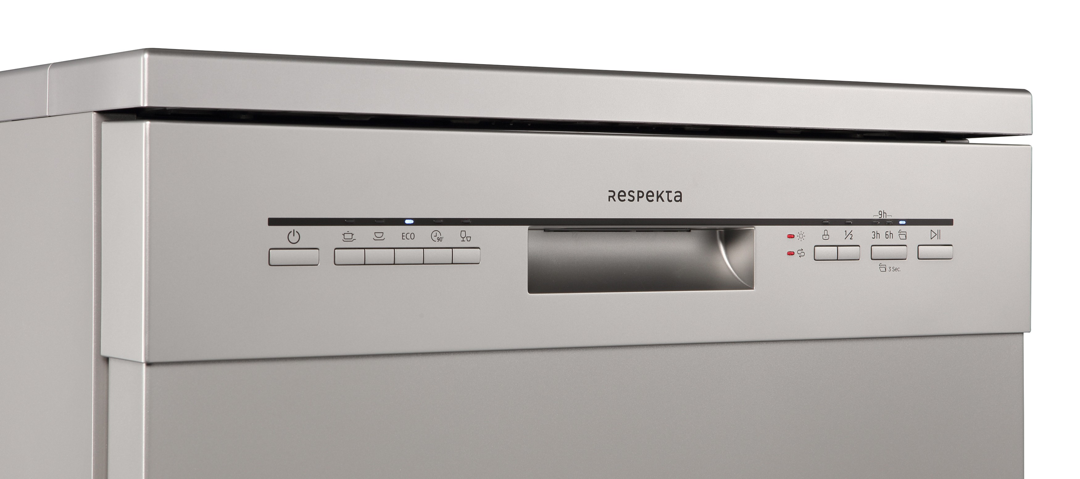 A silver Respekta dishwasher. It has control buttons and an LED display. The brand name is visible.