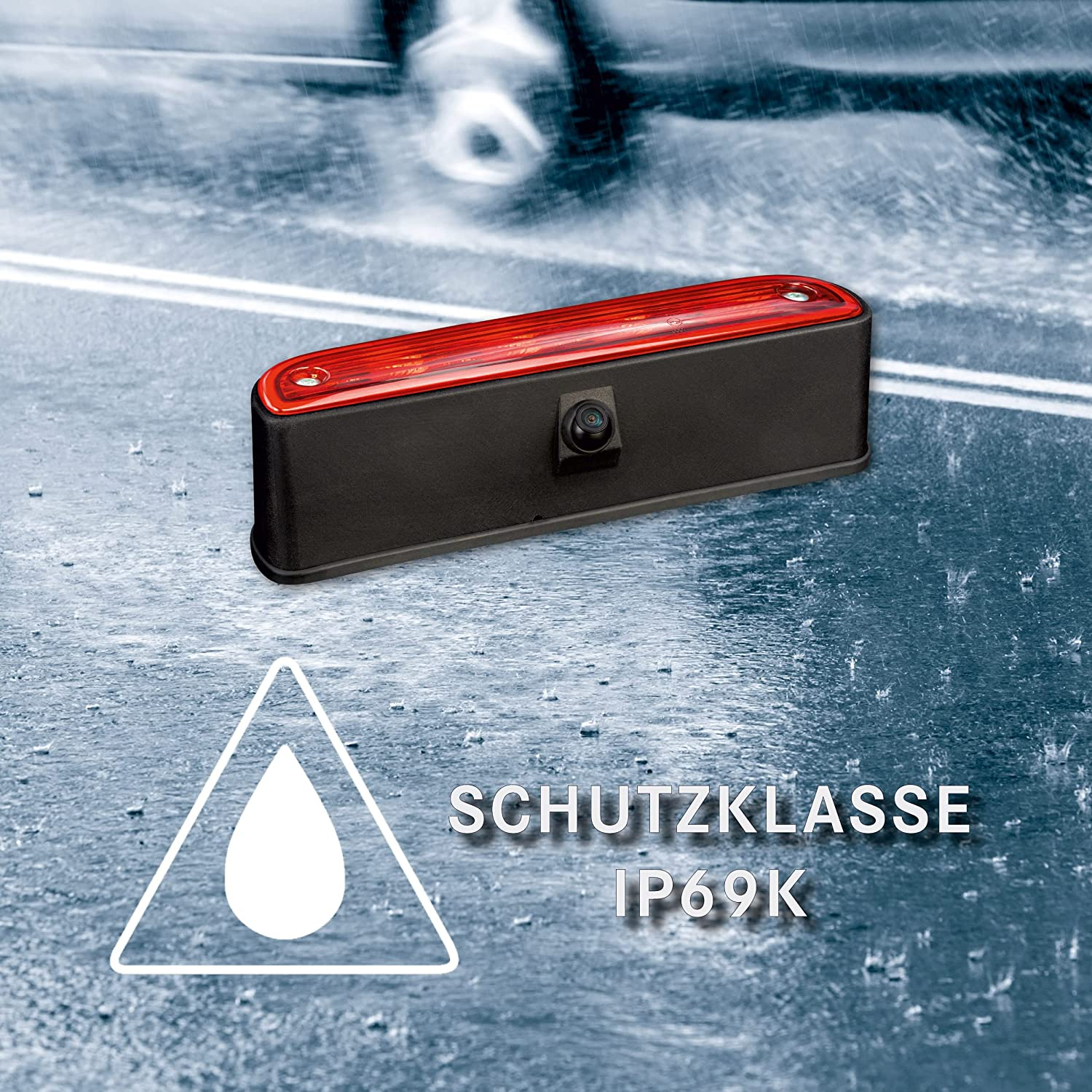Ein schwarzes Gerät mit rotem Licht und Kamera steht auf einer nassen Oberfläche. Text zeigt IP69K-Schutz an.
