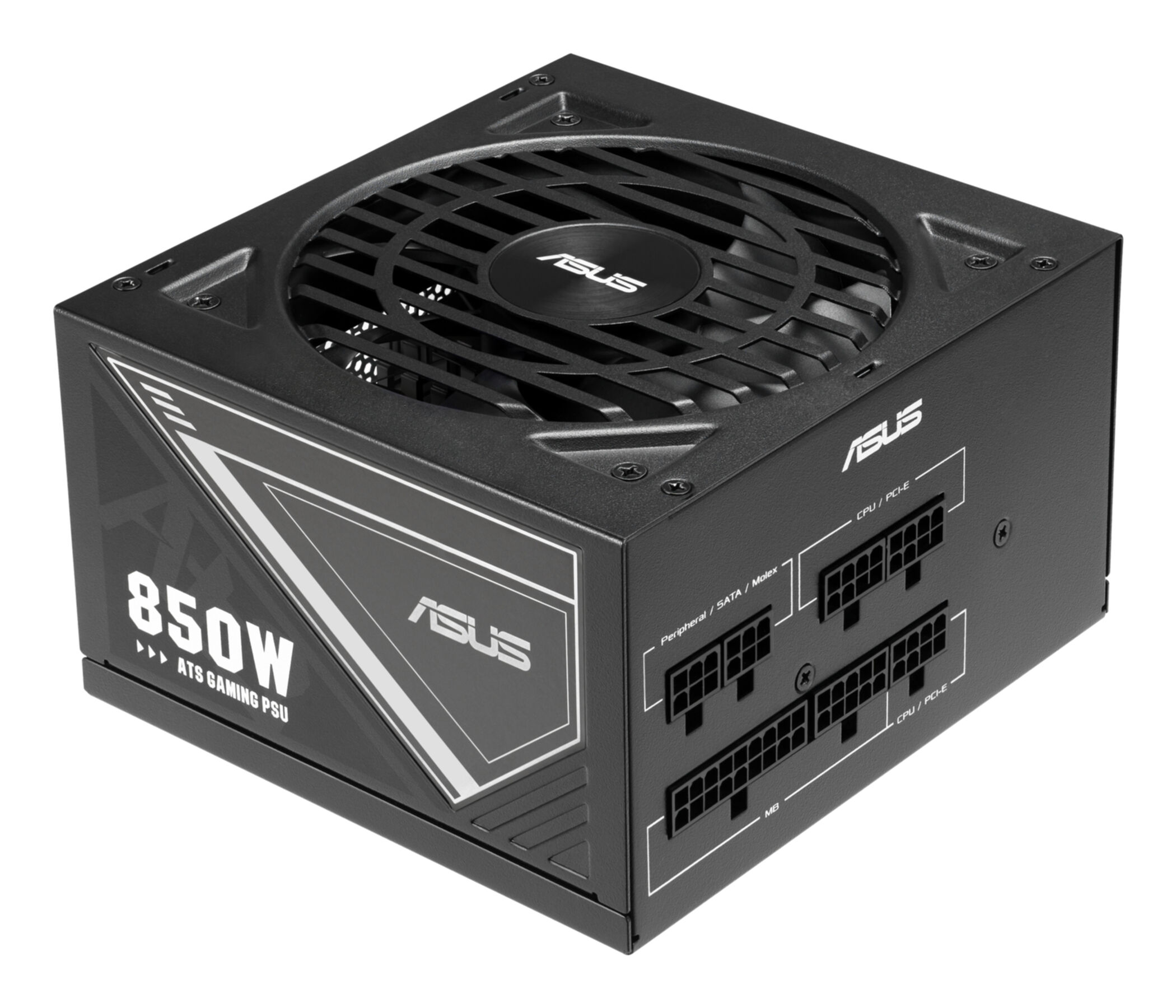 Black ASUS 850W ATX gaming power supply. Features a fan, multiple connectors, and the ASUS logo. Front details 850W.