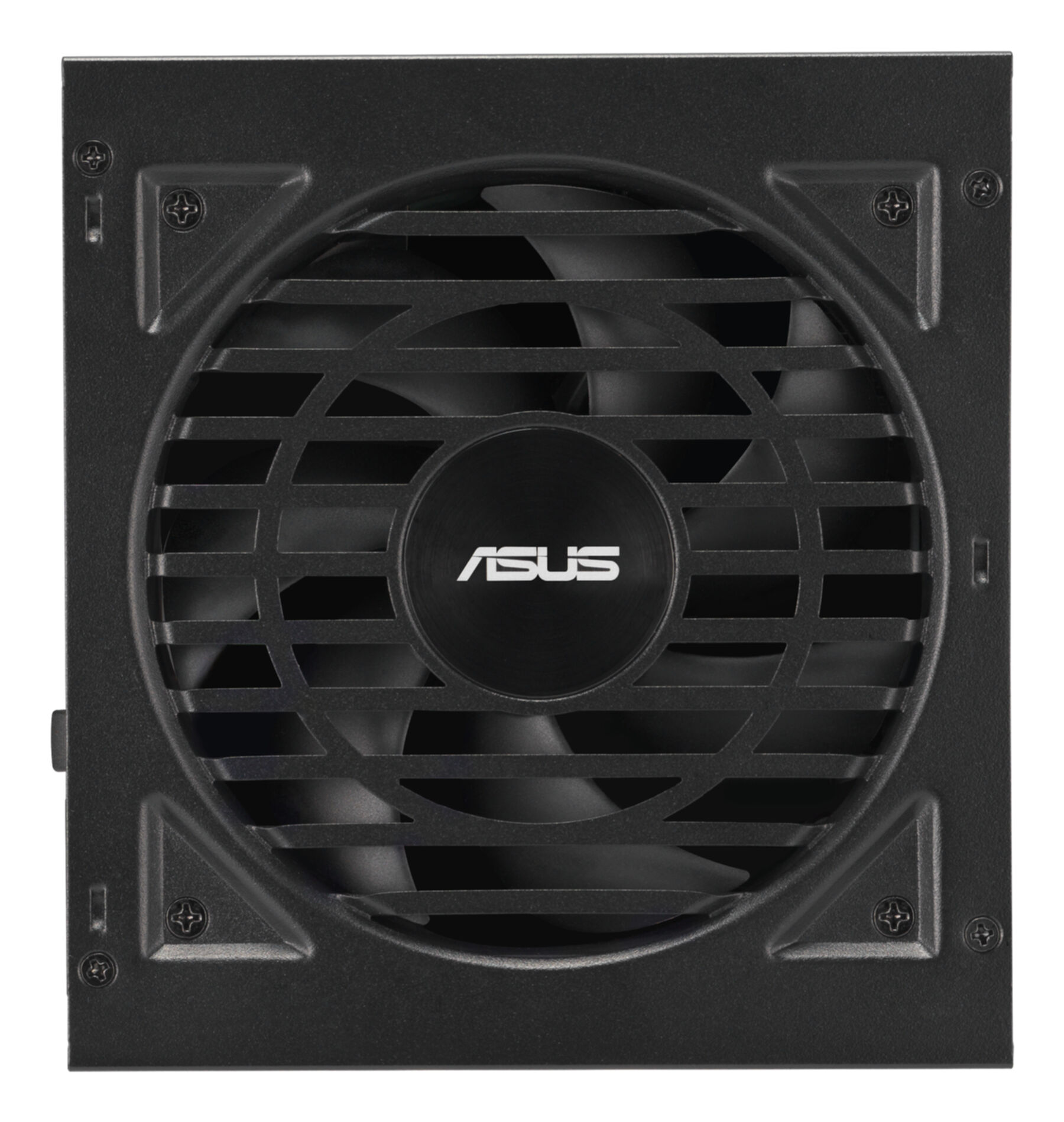 Czarny zasilacz komputerowy. Ma wentylator z logo ASUS. Urządzenie jest kwadratowe ze śrubami na rogach.