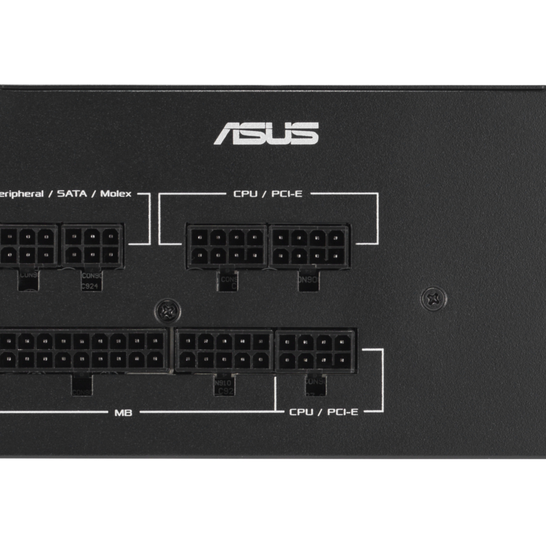 Black ASUS power supply unit with various connectors labeled CPU/PCI-E, SATA/Molex, and MB.