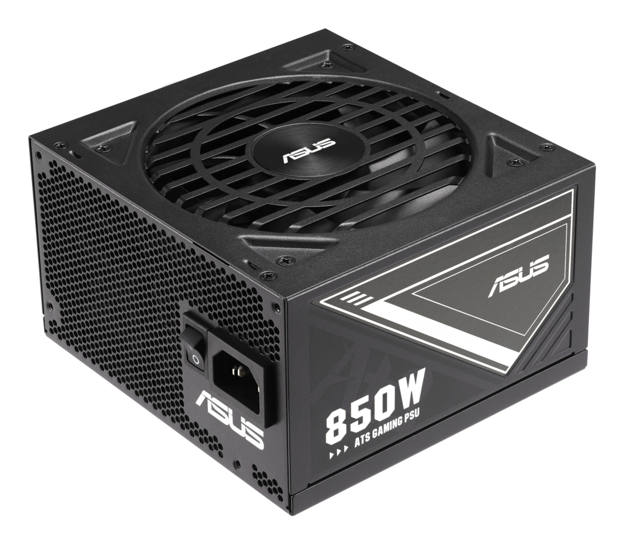 Black ASUS 850W ATX Gaming PSU. Features fan grill, power input, and branding. Power switch visible.