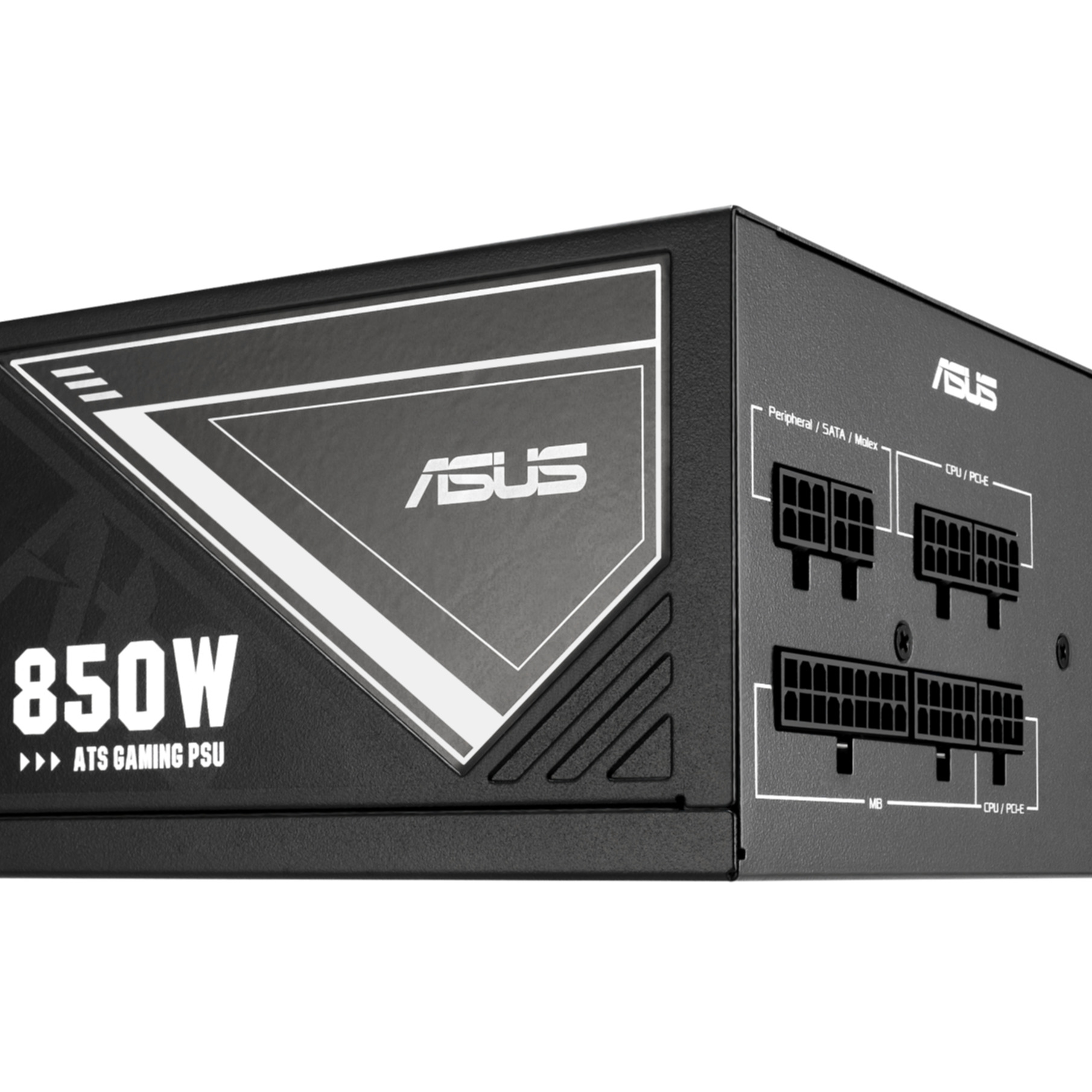 ASUS 850W ATX gaming PSU. Black casing with white accents. Connectors for peripherals and CPU/PCI-E on the side. ASUS logo visible.