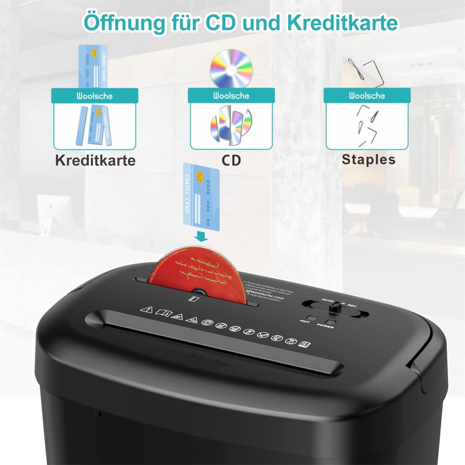 Ein schwarzer Aktenvernichter mit Schlitzen für CDs, Kreditkarten und Heftklammern. Eine CD wird geschreddert. Text: 'Woolsche'.