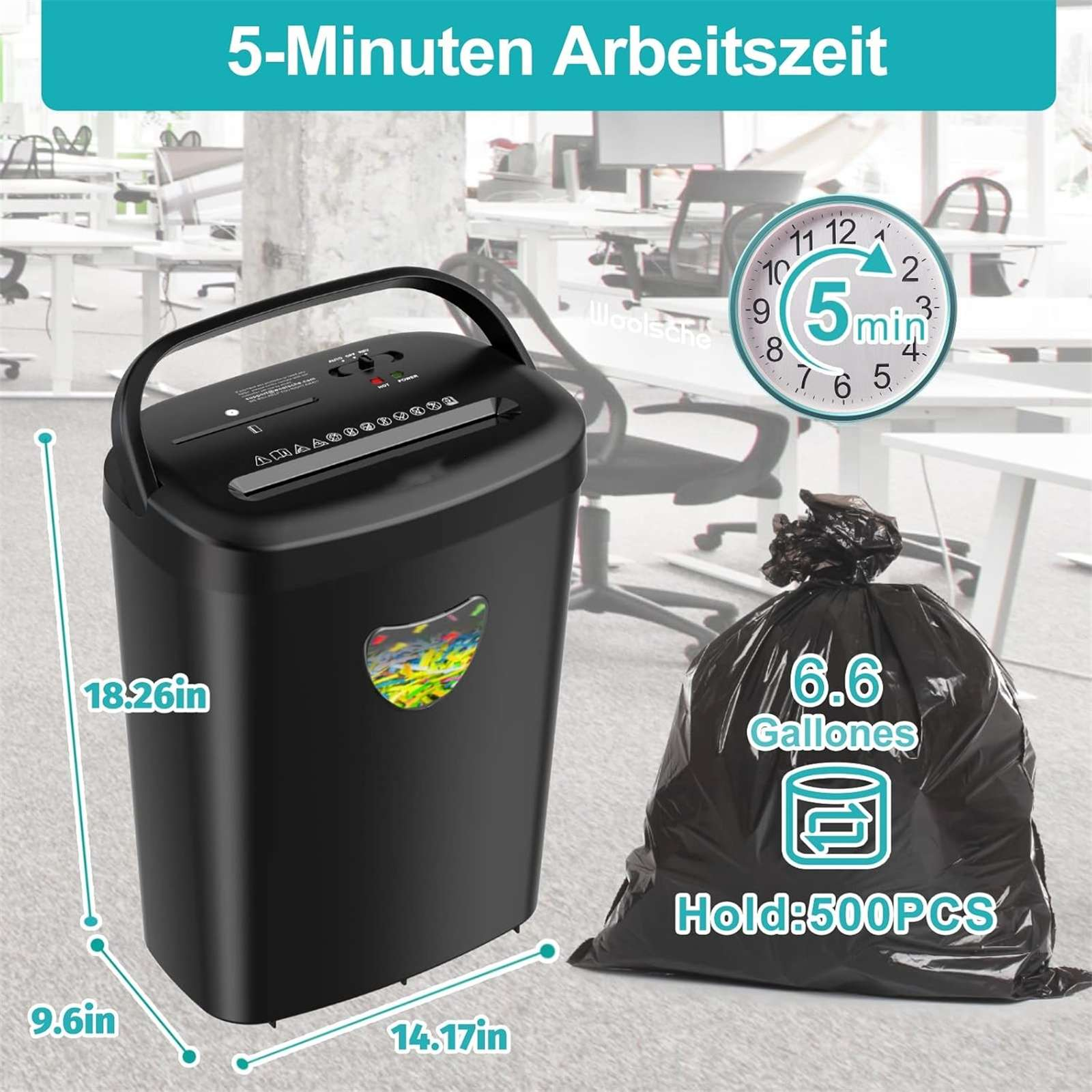 Ein schwarzer Aktenvernichter mit Abmessungen, eine Uhr, die 5 Minuten anzeigt, und eine schwarze Tüte mit der Aufschrift 6,6 Gallonen.