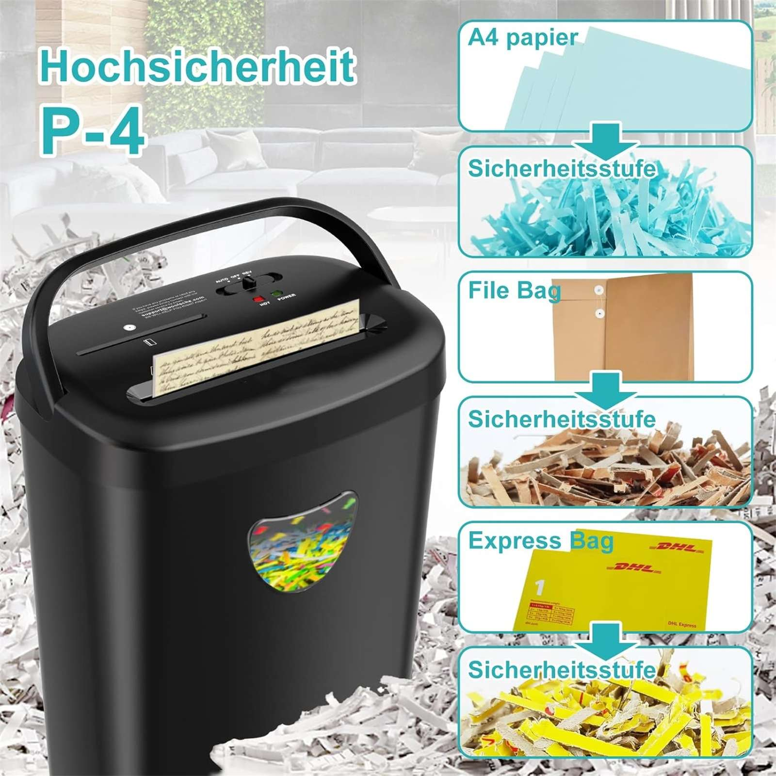 Ein schwarzer Aktenvernichter mit Papier und Kartons, beschriftet mit deutschen Wörtern, und eine DHL-Express-Tasche.
