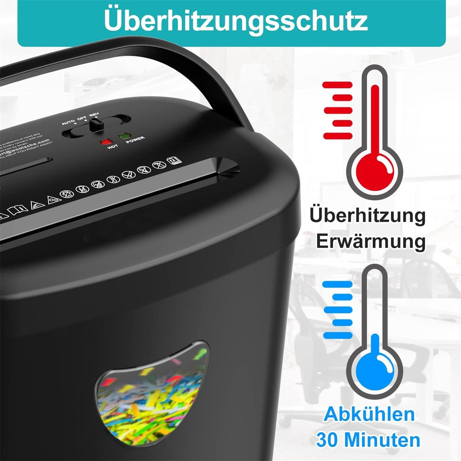Schwarzer Aktenvernichter mit Überhitzungsschutzanzeigen. Rotes Thermometer für Erwärmung, blau für Abkühlung.