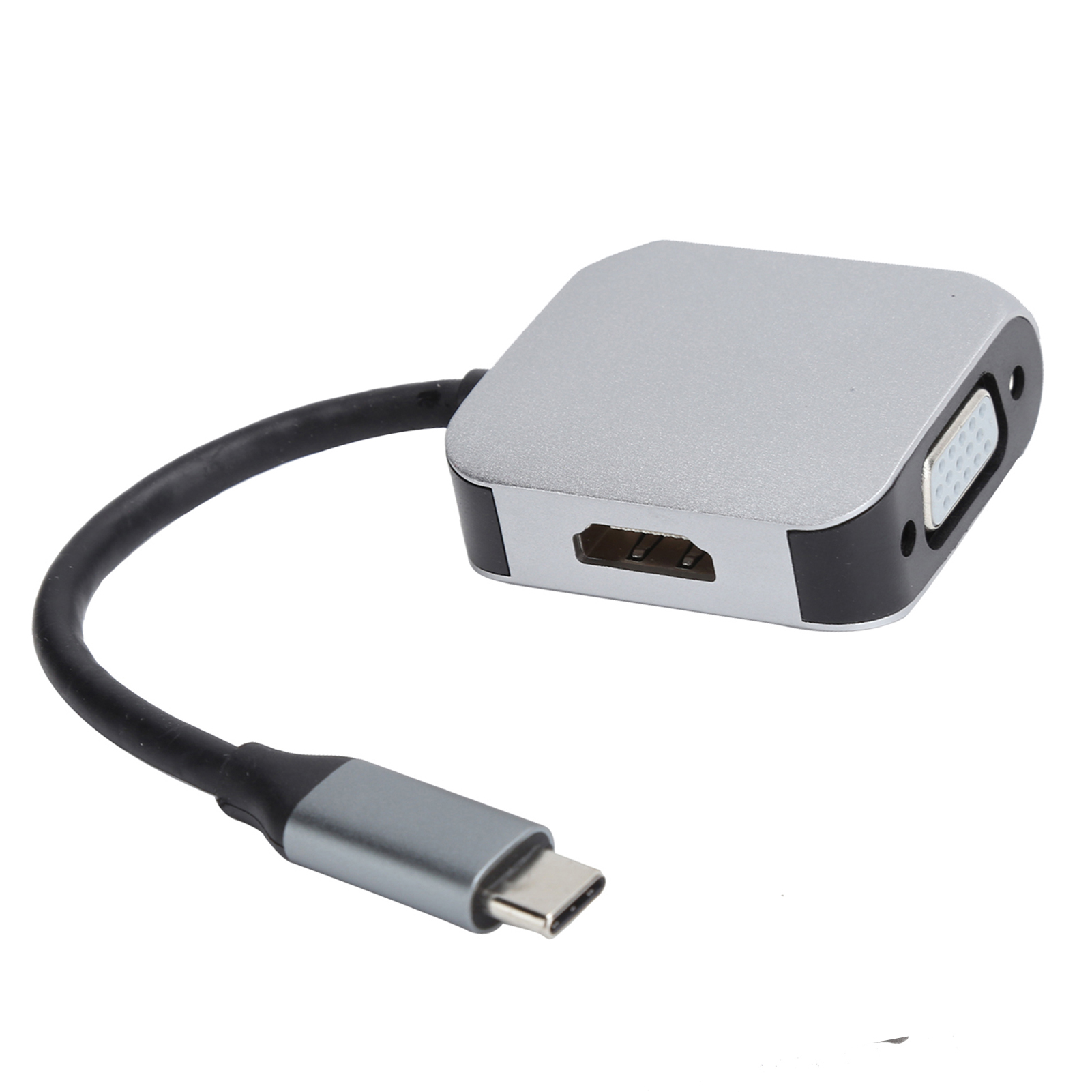 Silberner und schwarzer USB-C-Adapter mit HDMI- und VGA-Anschlüssen. Ein schwarzes Kabel verbindet USB-C mit dem Adapterkörper.