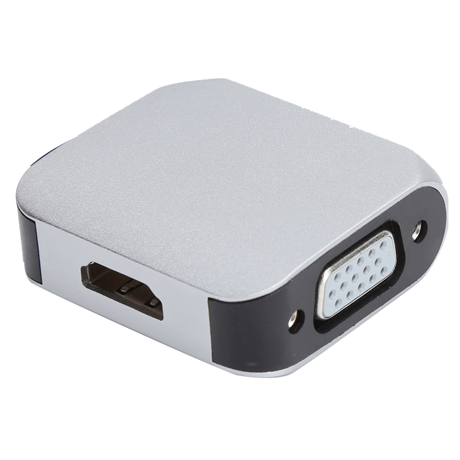Ein silberner Adapter mit HDMI- und VGA-Anschlüssen. Er hat schwarze Kanten und liegt auf weißem Hintergrund.