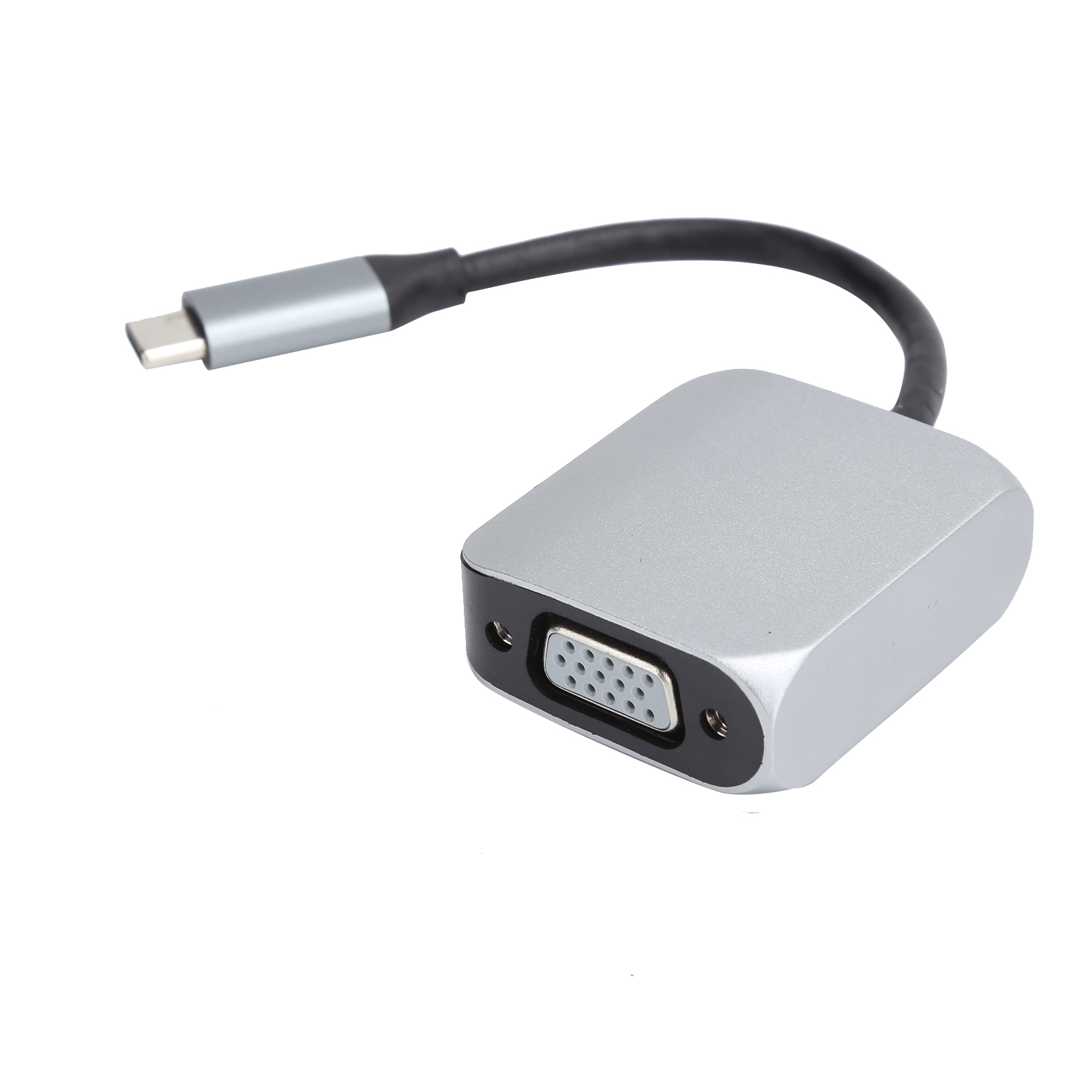 Ein silberner Adapter mit schwarzem Kabel und USB-C-Anschluss. Es hat einen VGA-Anschluss.