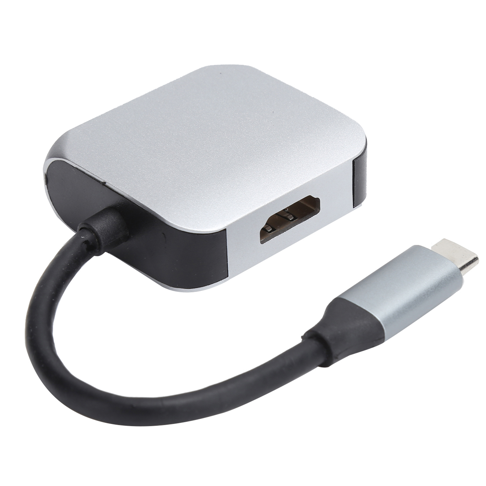 Silberner und schwarzer USB-C-zu-HDMI-Adapter. Der Adapter hat ein kurzes schwarzes Kabel und einen silbernen USB-C-Anschluss.