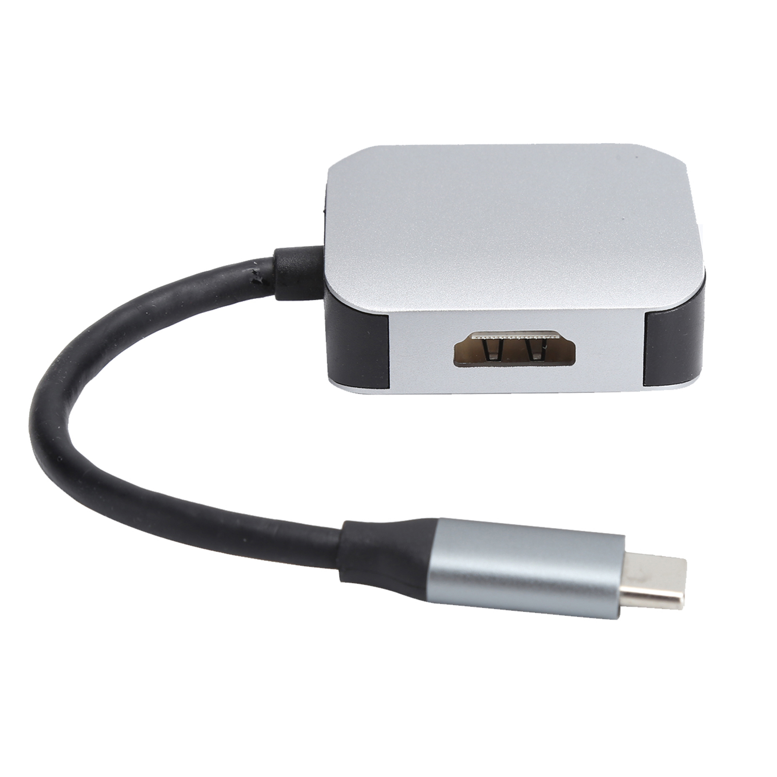 Ein silberner und schwarzer USB-C-Hub mit schwarzem Kabel und silbernem USB-C-Anschluss auf weißem Hintergrund.