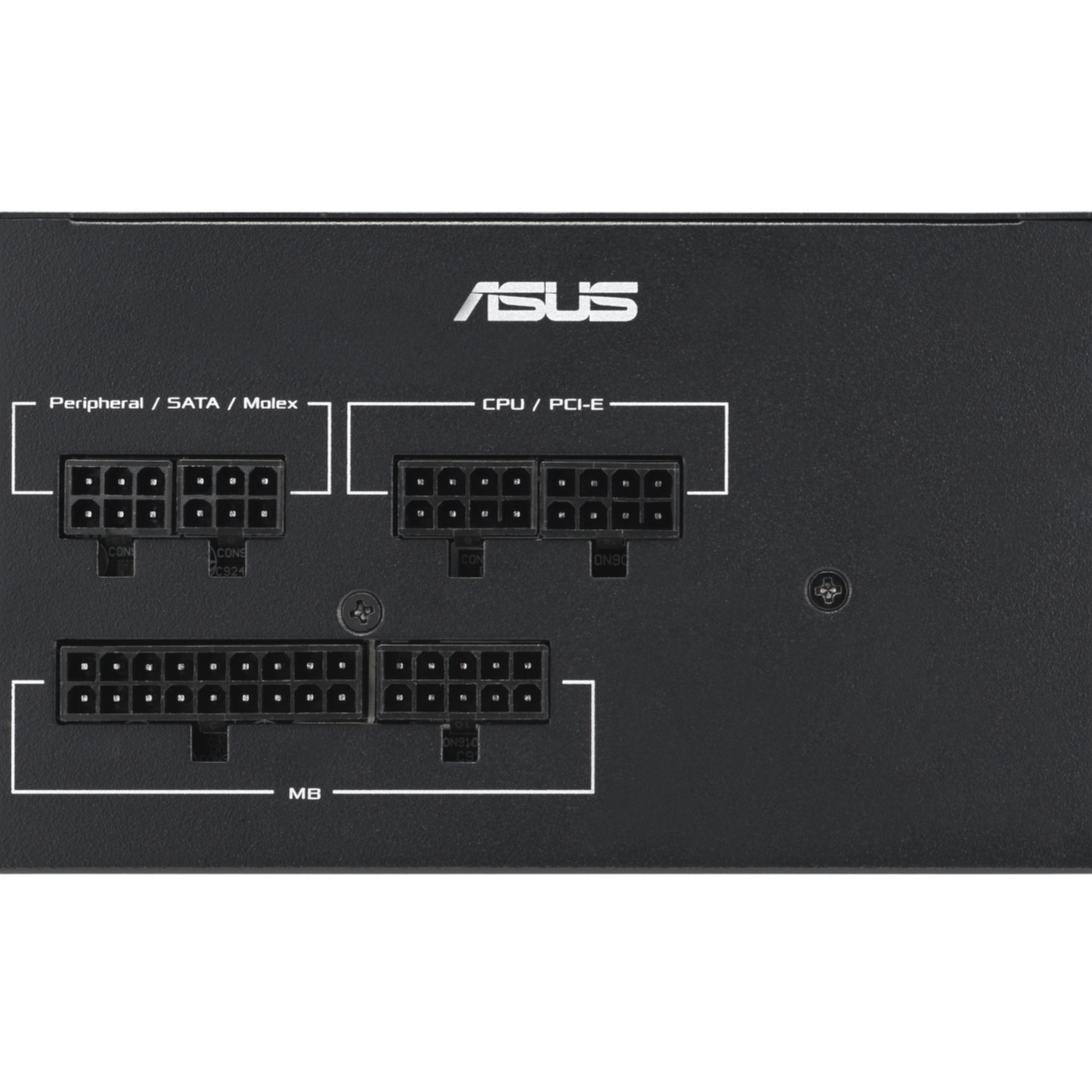 Czarny zasilacz komputerowy z logo ASUS i oznaczonymi złączami. Porty obejmują Peripheral, CPU i MB. Tło jest czarne.