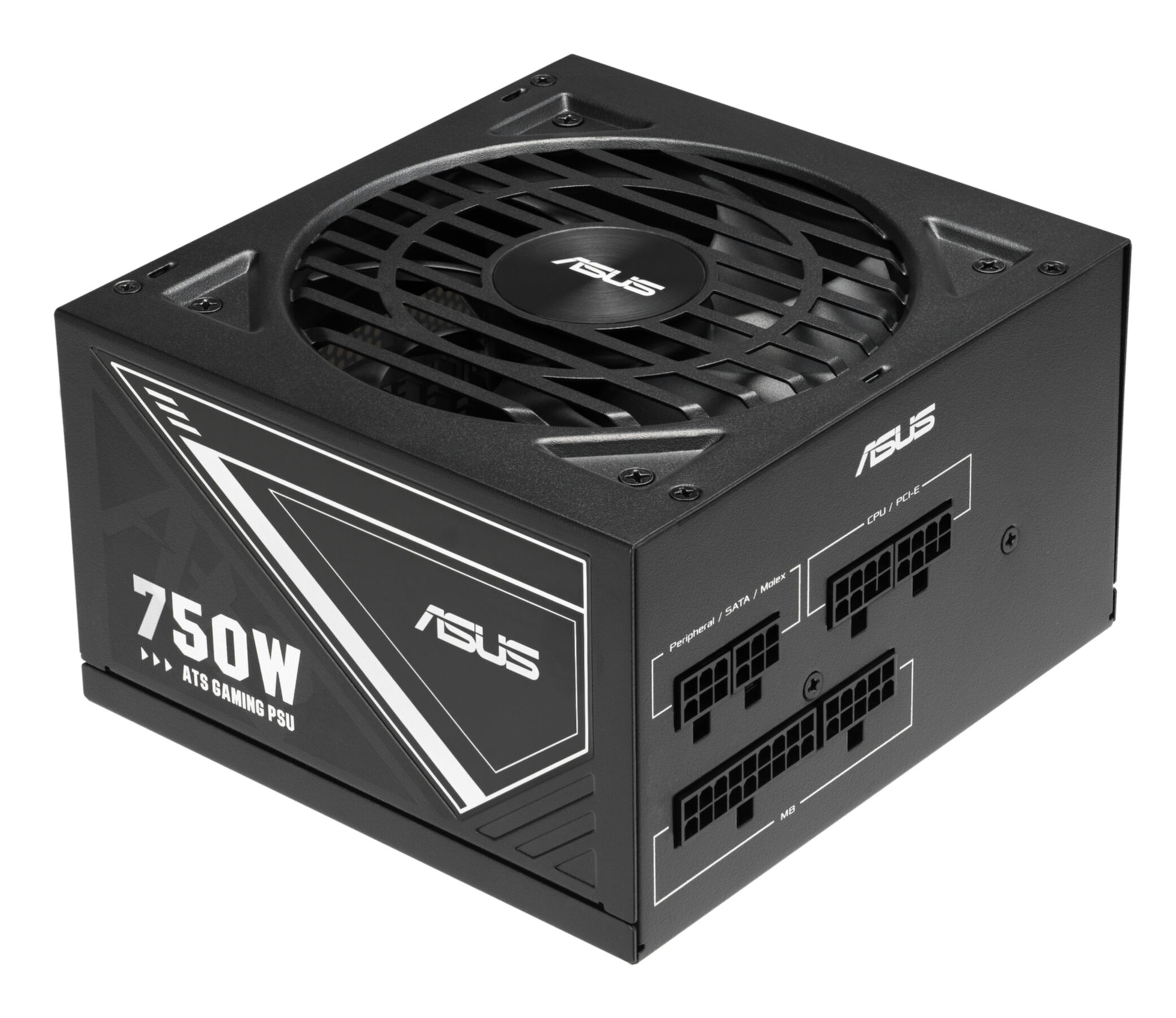 Czarny zasilacz ASUS 750W ATS gaming. Posiada wentylator, złącza i białe akcenty. Widoczna nazwa marki ASUS.