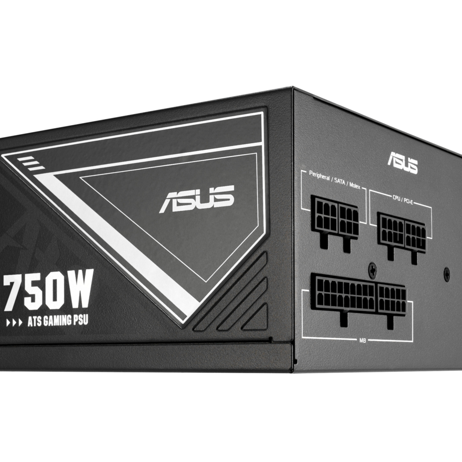 Czarny zasilacz ASUS 750W ATS gaming. Białe logo i szczegóły tekstu. Złącza oznaczone Peripheral/SATA/Molex, CPU/PCI-E i MB.