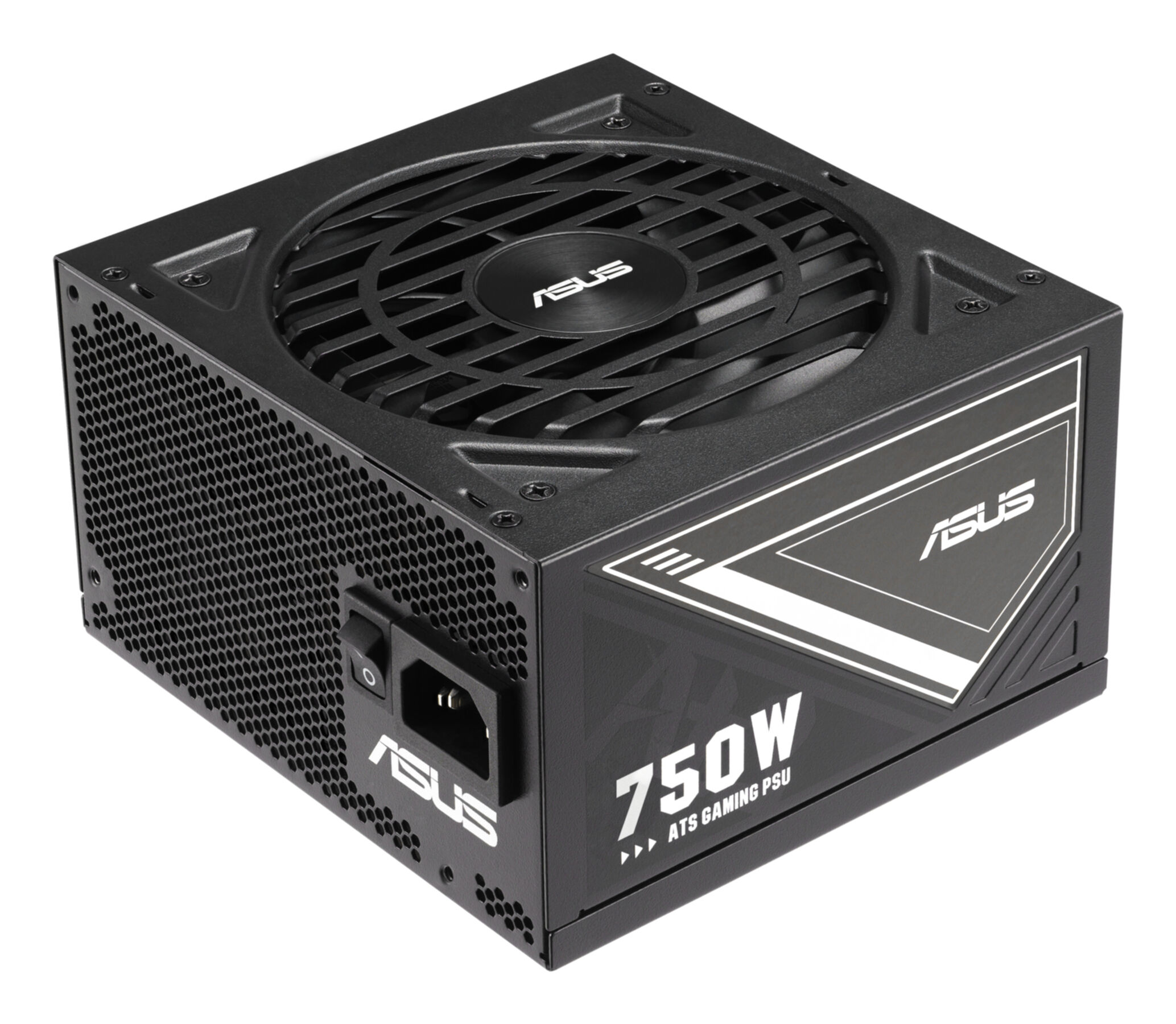 ASUS 750W ATX gaming PSU. Czarny zasilacz z wentylatorem, otworami wentylacyjnymi, wyłącznikiem i marką. Biały tekst.