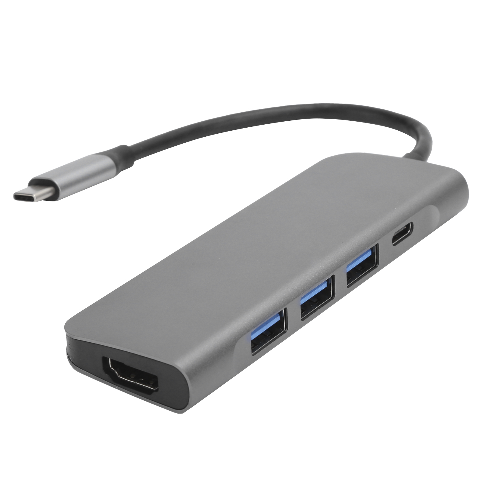 Ein grauer USB-C-Hub mit mehreren Anschlüssen, darunter USB, HDMI und ein USB-C-Anschluss. Ein schwarzes Kabel verbindet sich mit dem Hub.