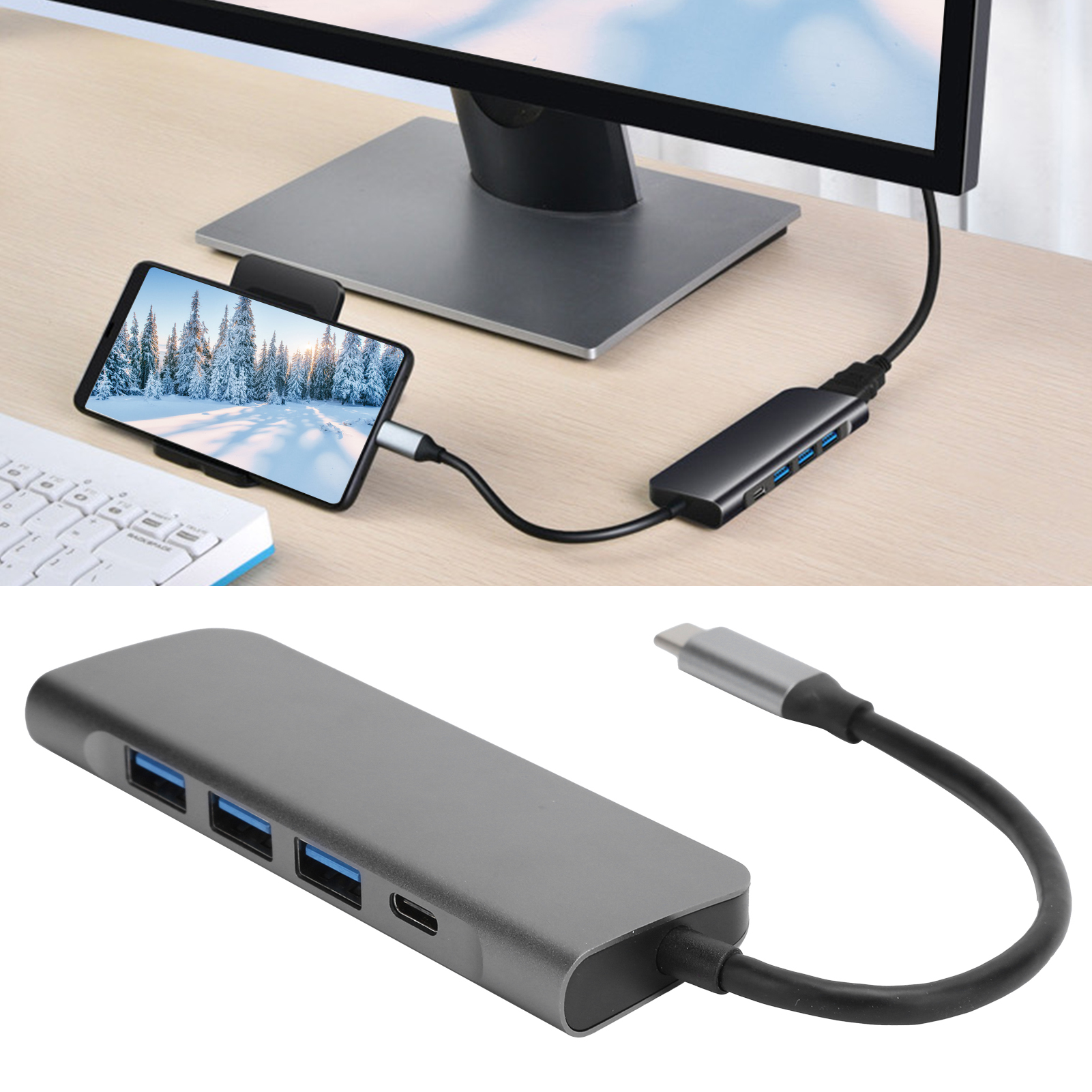 Ein Telefon zeigt eine verschneite Waldszene, die mit einem USB-Hub in der Nähe eines Monitors verbunden ist. Eine Nahaufnahme des USB-Hubs ist ebenfalls zu sehen.