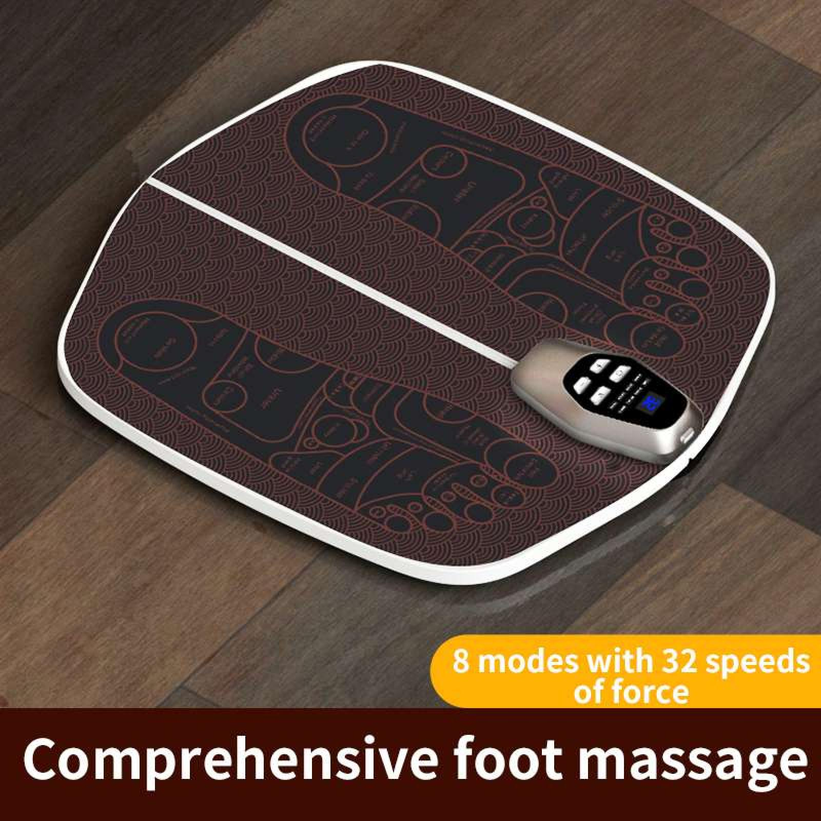 Fußmassagegerät mit Fernbedienung. Zeigt Fußdiagramme mit Akupunkturpunkten. Braun-weißes Design auf Holzboden.