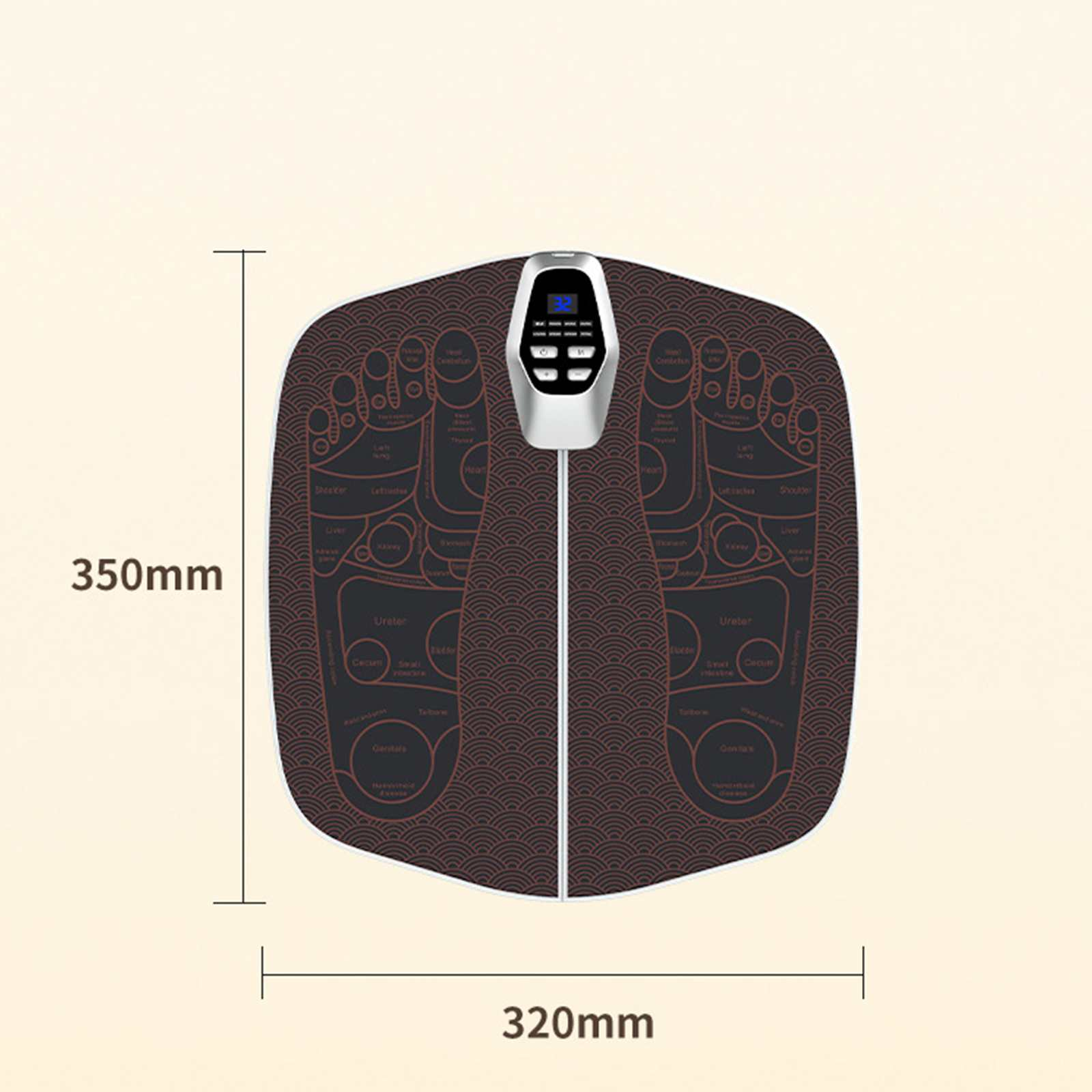 Fußmassagegerät mit Fußreflexzonenkarte. Es hat ein Display, braune Fußumrisse und die Maße: 350 mm x 320 mm.