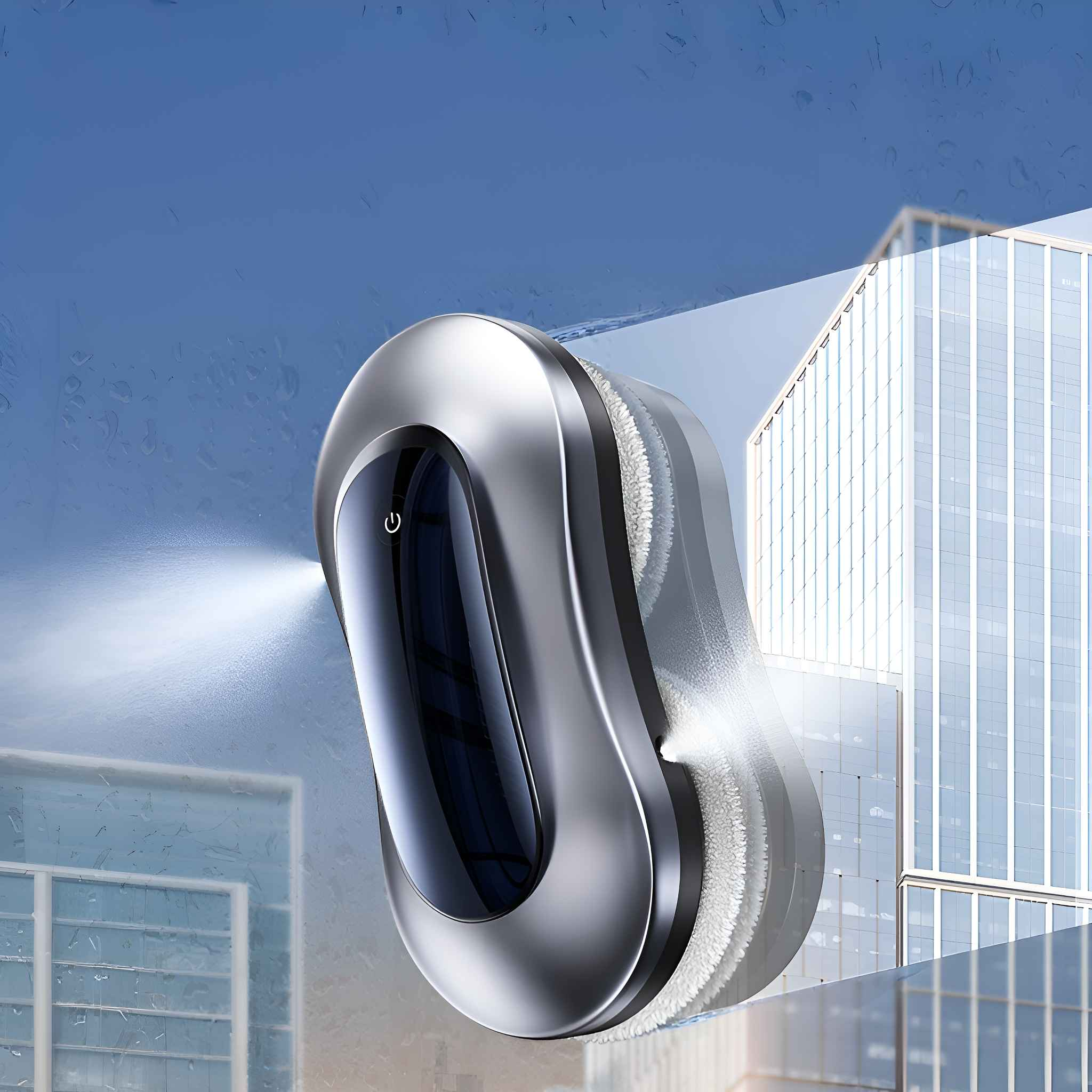 Ein silberner Fensterputzer mit einem Ein- / Aus-Knopf reinigt ein Glasfenster. Wolkenkratzer sind im Hintergrund vor blauem Himmel.