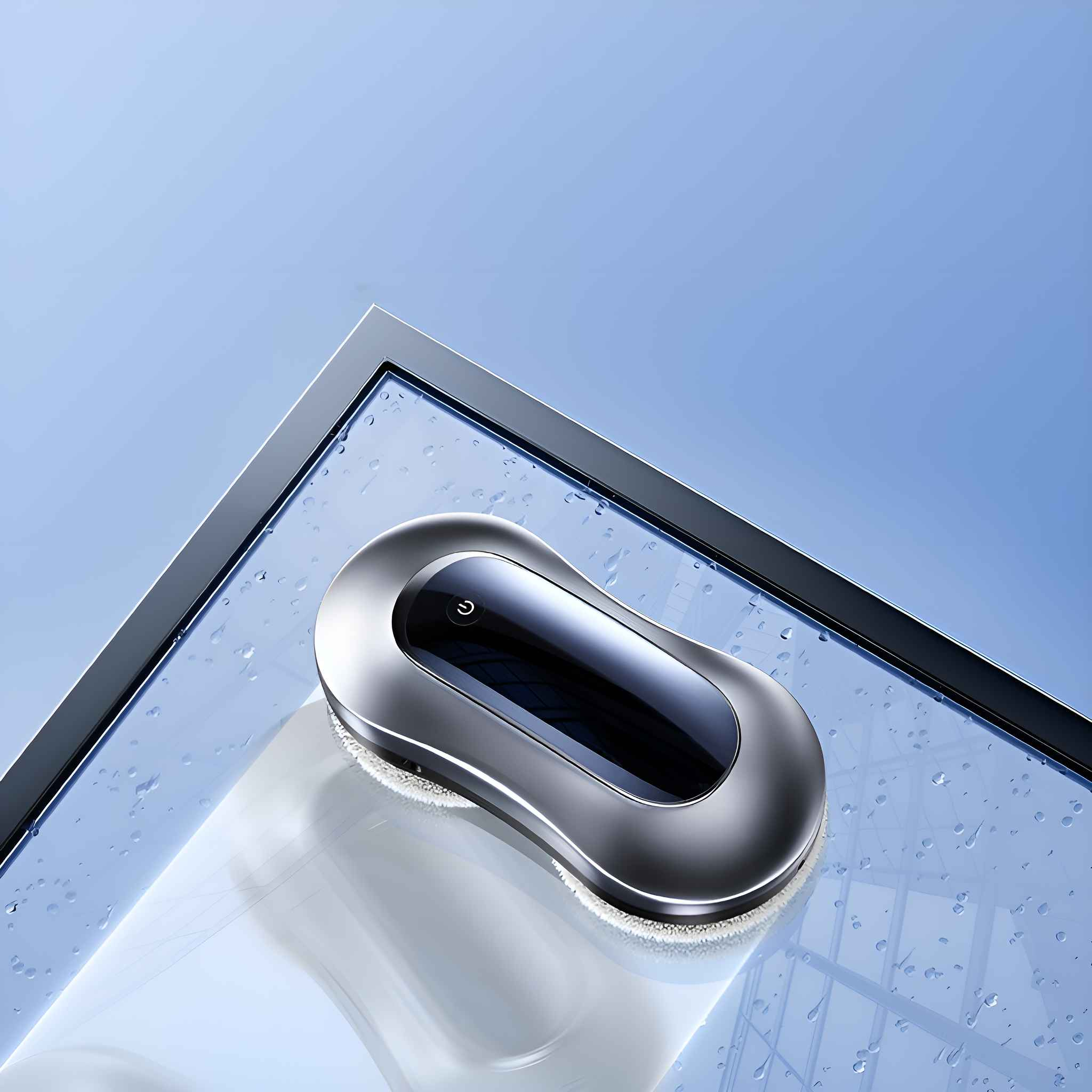 Ein Roboter-Fensterputzer reinigt eine Glasoberfläche. Der Reiniger ist silberfarben, der Hintergrund ist blau.