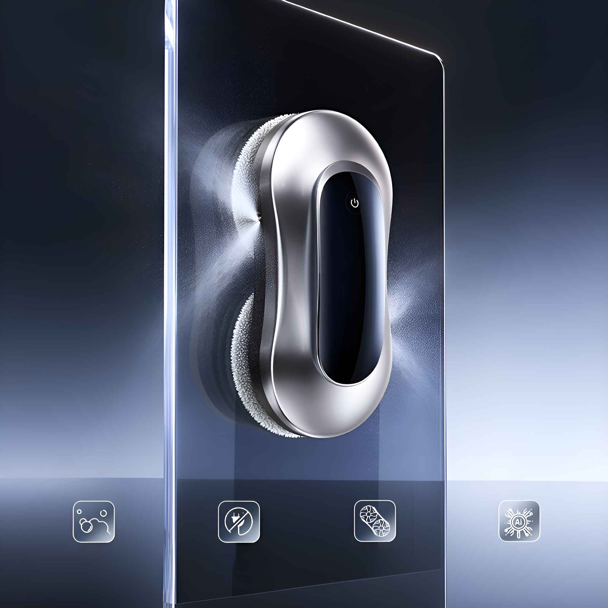 Ein silberner Fensterputzer mit schwarzem Ein- / Aus-Knopf auf Glas. Wasser sprüht aus dem Reiniger. Symbole sind unten vorhanden.